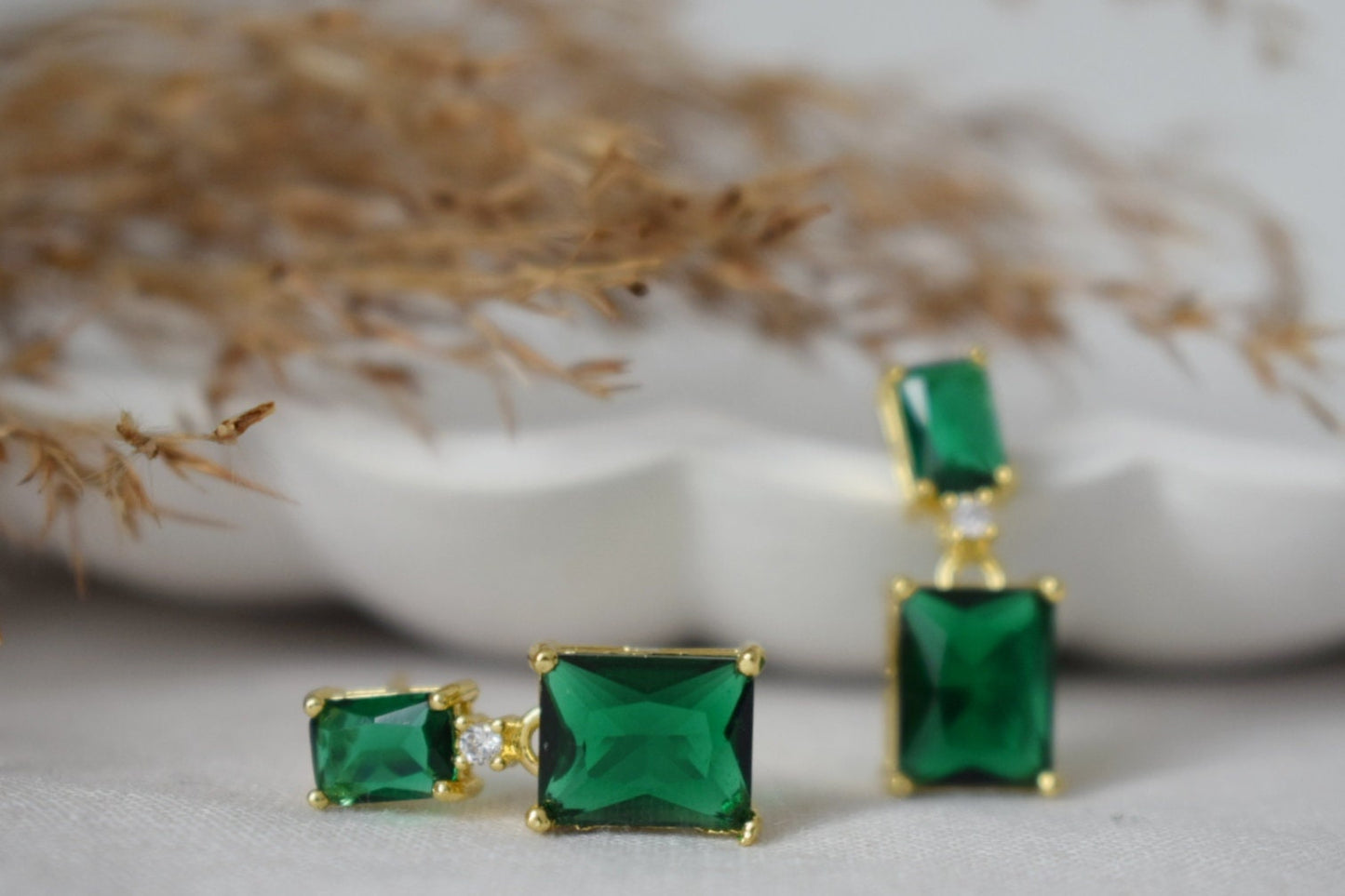 Dark Green Cubic Zirconia Dangle Stud Earrings, Emerald Green Earrings, Baguette CZ Rectangle Studs, Real 18K Gold Plated Brass Jewelry