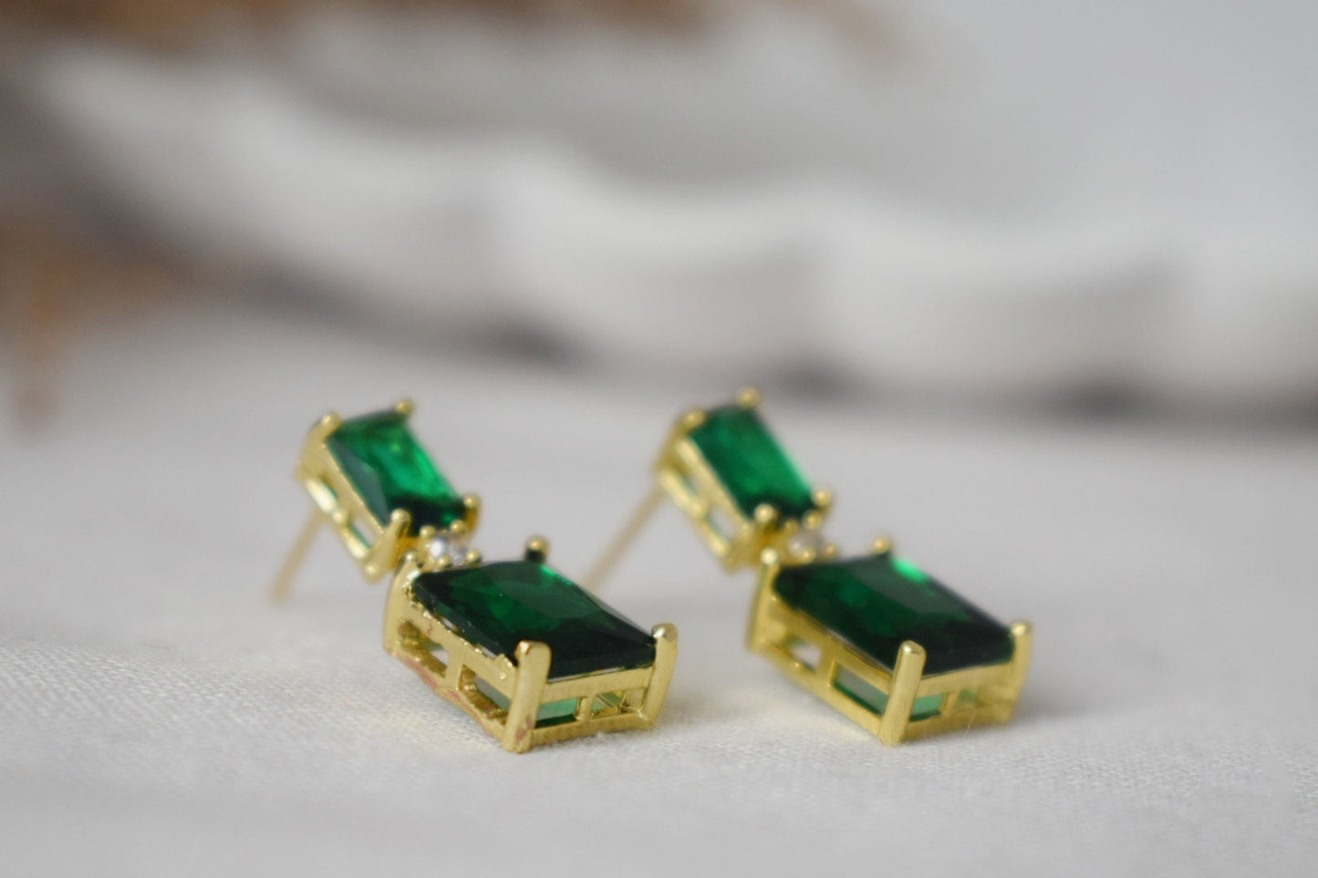 Dark Green Cubic Zirconia Dangle Stud Earrings, Emerald Green Earrings, Baguette CZ Rectangle Studs, Real 18K Gold Plated Brass Jewelry