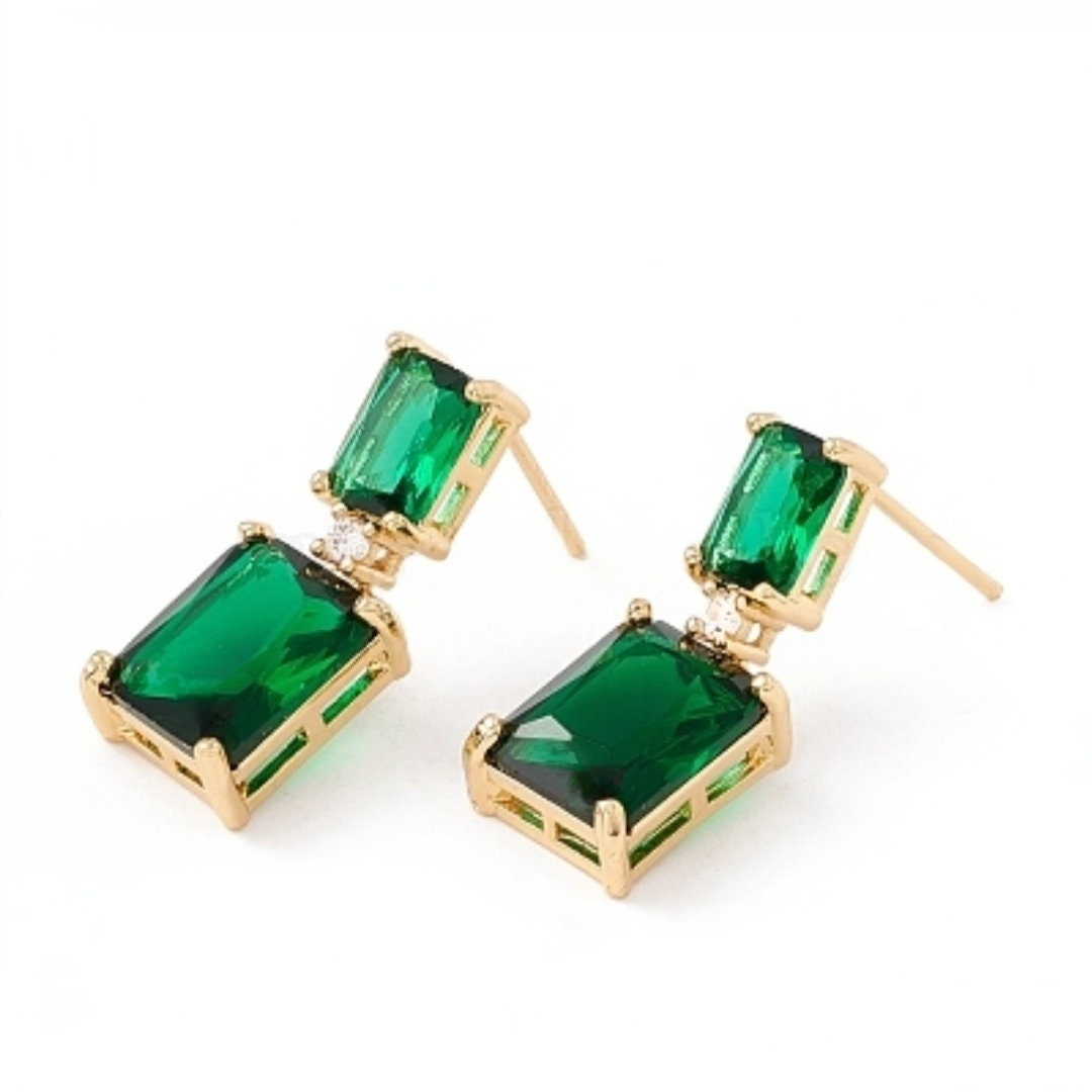 Dark Green Cubic Zirconia Dangle Stud Earrings, Emerald Green Earrings, Baguette CZ Rectangle Studs, Real 18K Gold Plated Brass Jewelry