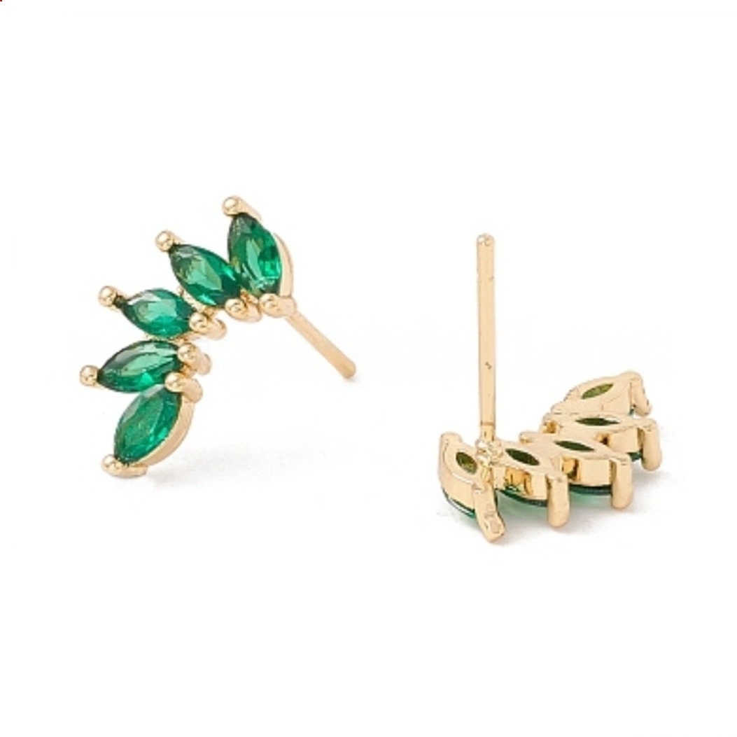 Green Leaf Stud Earrings, Cubic Zirconia Stud Earrings, Marquise Earrings, Real 18K Gold Plated Brass Studs, Leaf Gold Jewelry