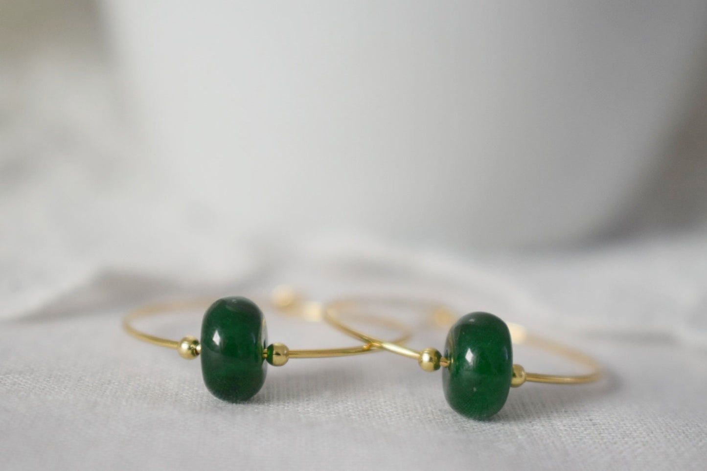 Dark green jade hoop earrings, Gemstone Creole, 18k gold plated stainless steel, Emerald green, Minimalist, Boho handmade jewelry gift
