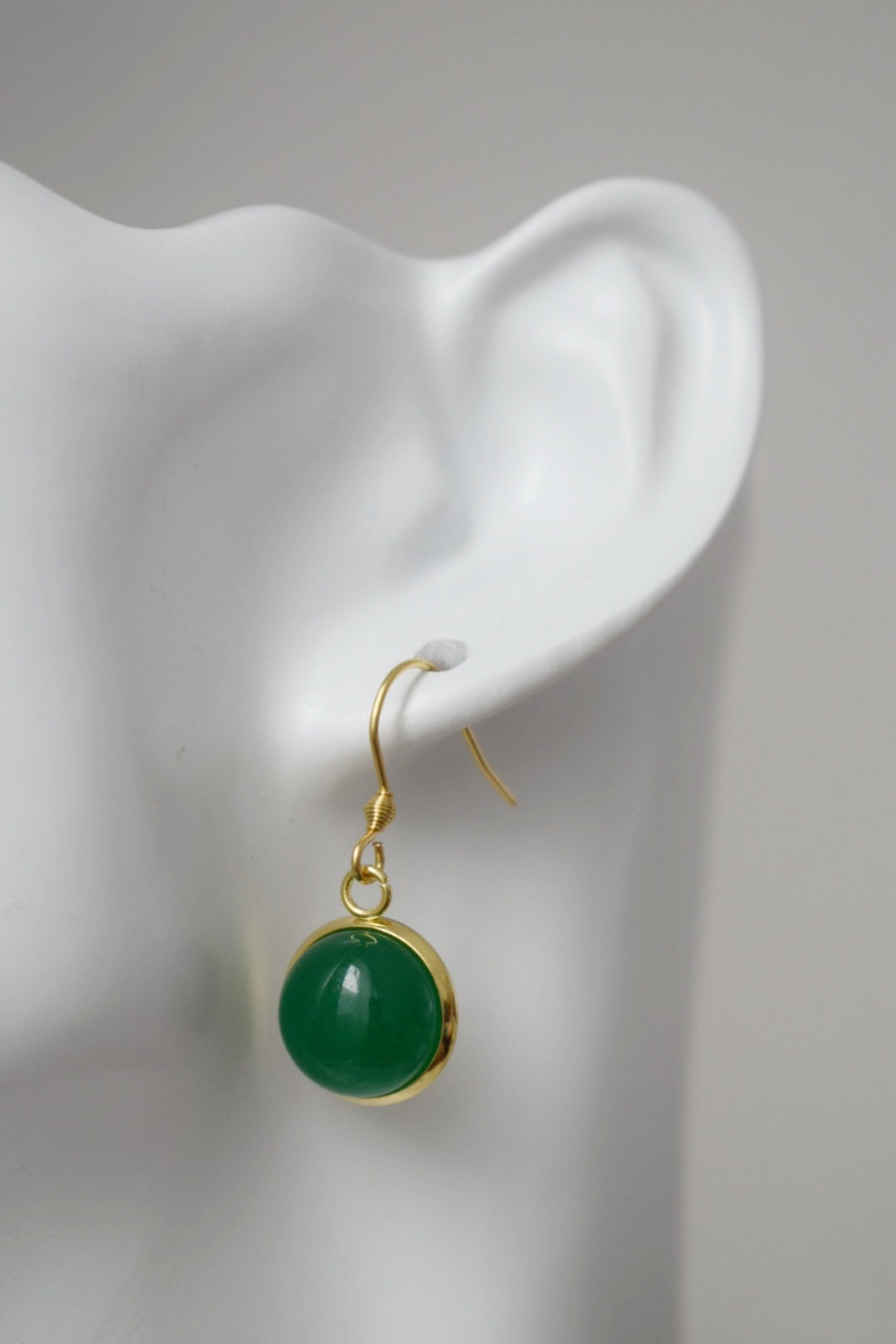 Jade Green Earrings, Gemstone round pendant earrings, 12mm stone dangle earrings, 18k Gold plated stainless steel jewelry, Best Gift for her