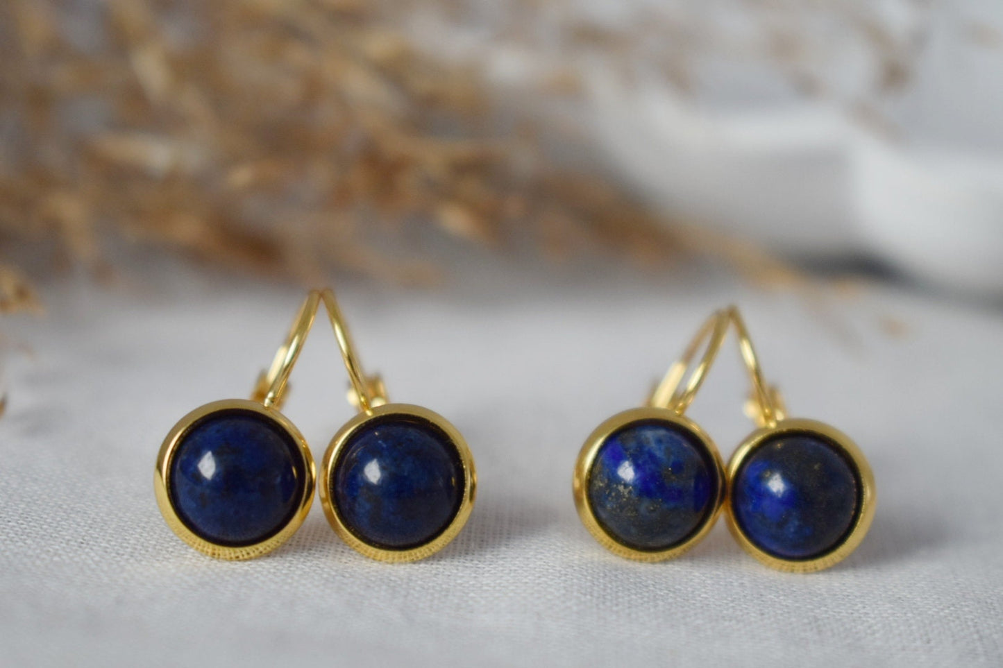 Lapis Lazuli Gold Earrings Dangle, Blue Lapis Earrings, Lever back earrings, Round, 12mm, September Birthstone Jewelry, Lapis, Gift for her