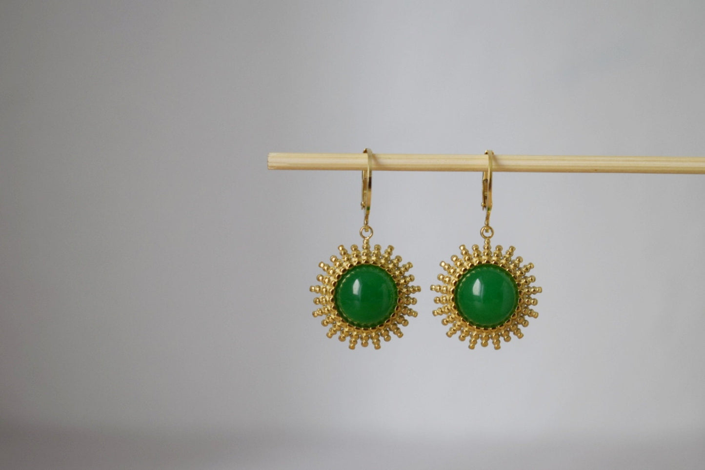 Green jade earrings gold, Sun rays huggie earrings, Sunburst, Green gemstone drop earrings, Celestial, Natural stone, Jewelry gift for her