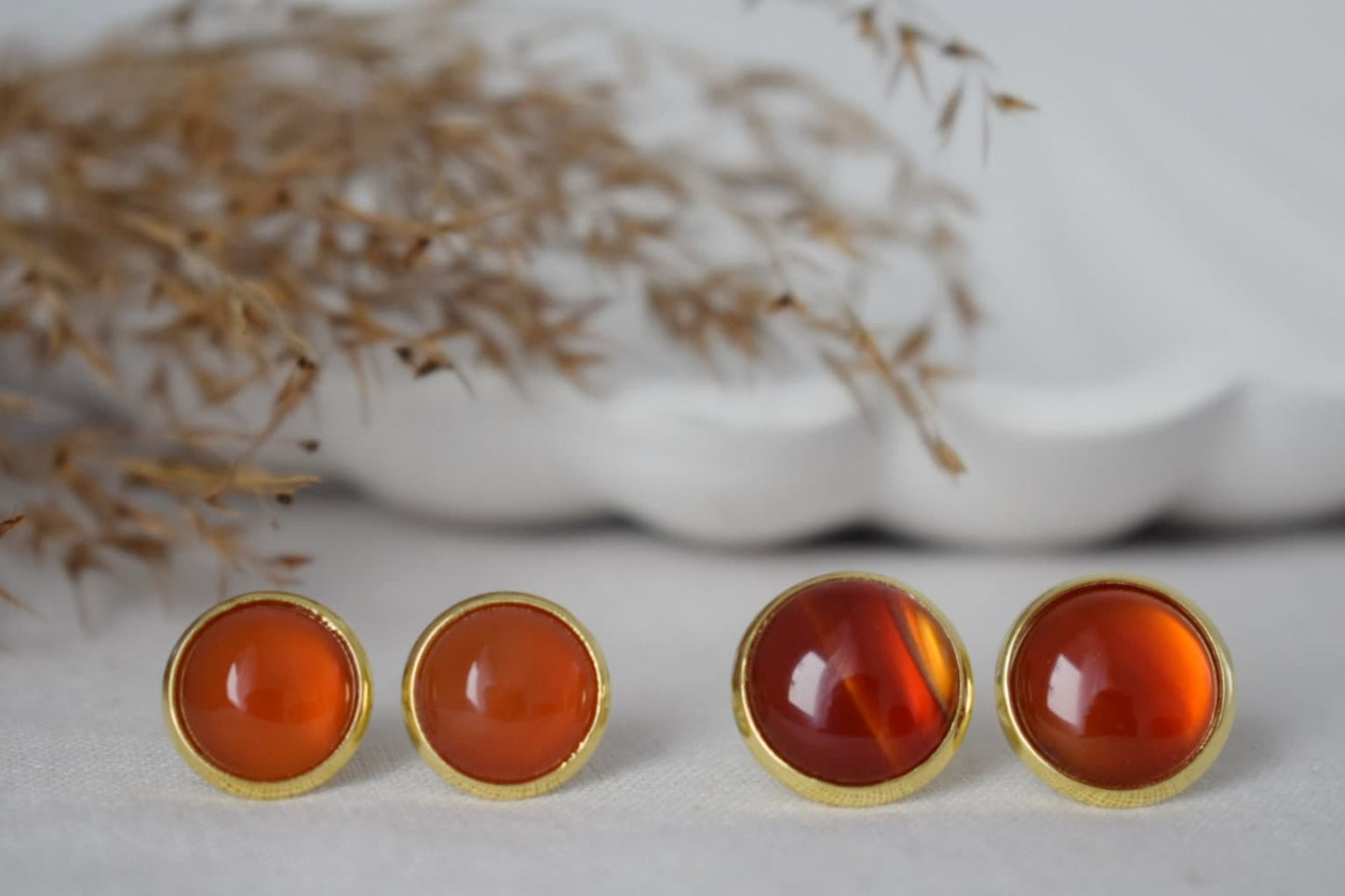 Carnelian stud earrings, Gold, Gemstone Carnelian earrings, Round, Stainless steel, Natural stone studs, Red, Carnelian jewelry, Gift her