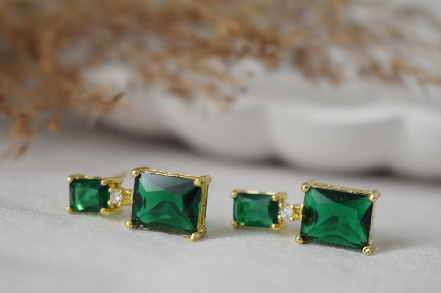 Dark Green Cubic Zirconia Dangle Stud Earrings, Emerald Green Earrings, Baguette CZ Rectangle Studs, Real 18K Gold Plated Brass Jewelry