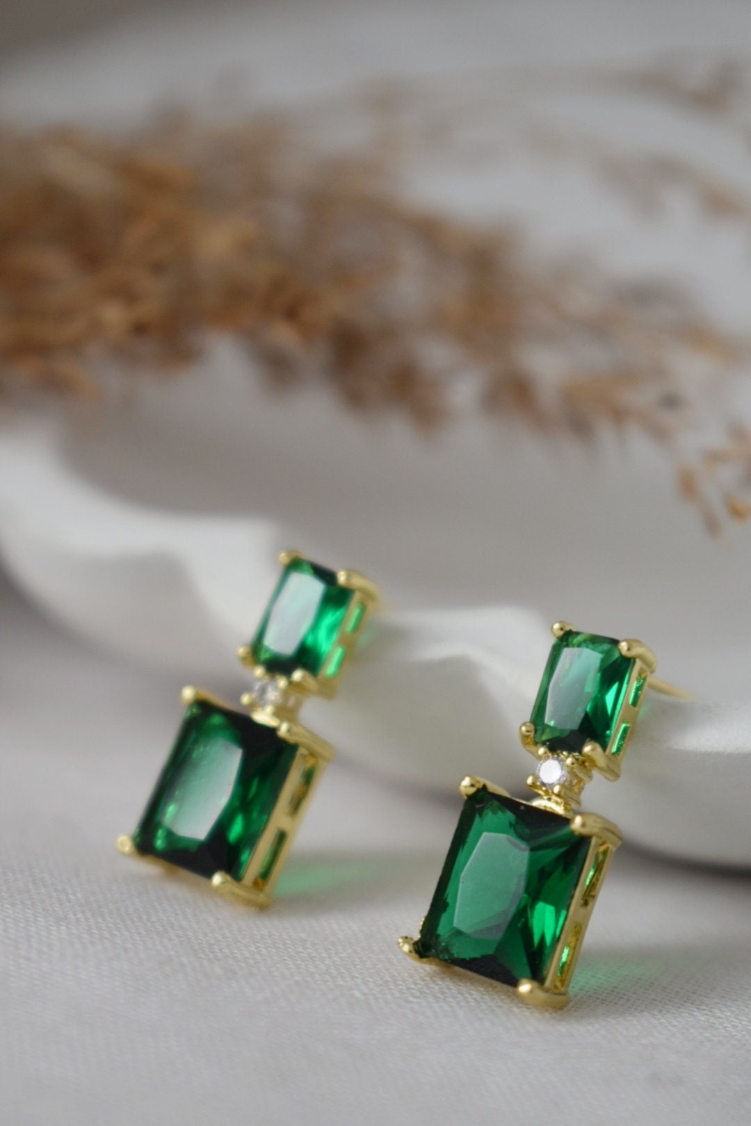 Dark Green Cubic Zirconia Dangle Stud Earrings, Emerald Green Earrings, Baguette CZ Rectangle Studs, Real 18K Gold Plated Brass Jewelry