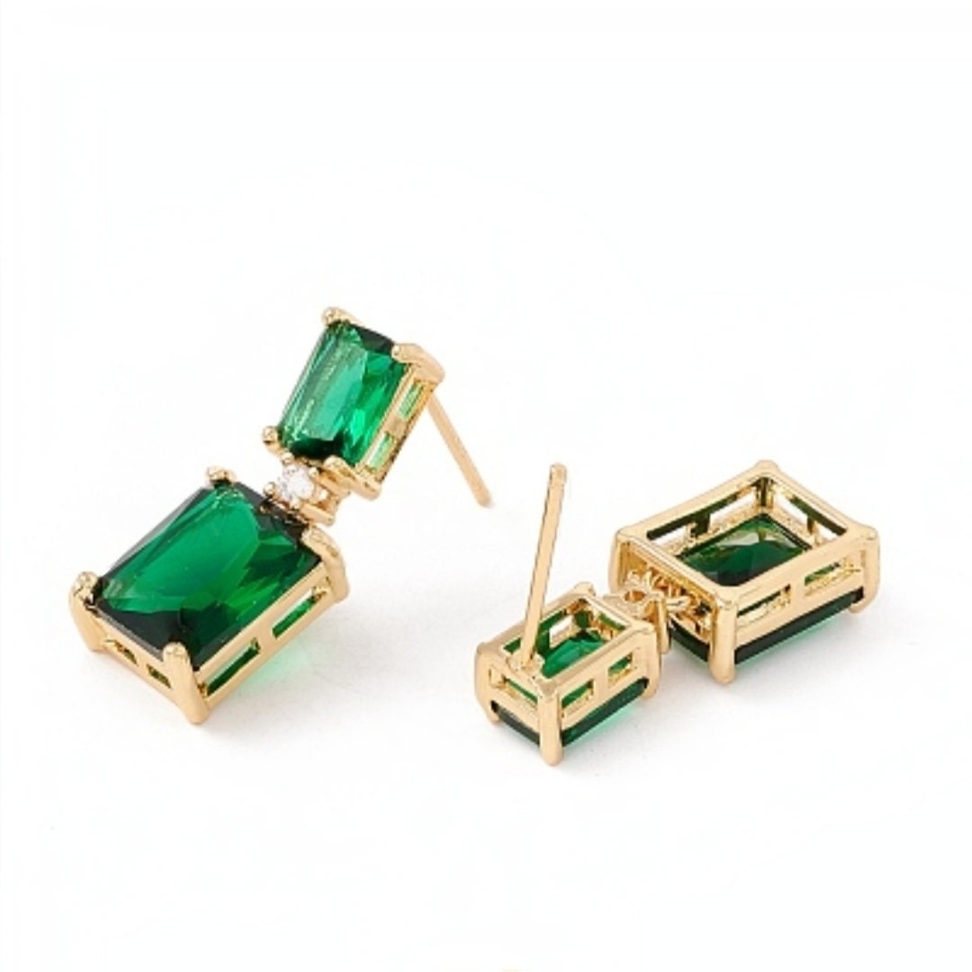 Dark Green Cubic Zirconia Dangle Stud Earrings, Emerald Green Earrings, Baguette CZ Rectangle Studs, Real 18K Gold Plated Brass Jewelry