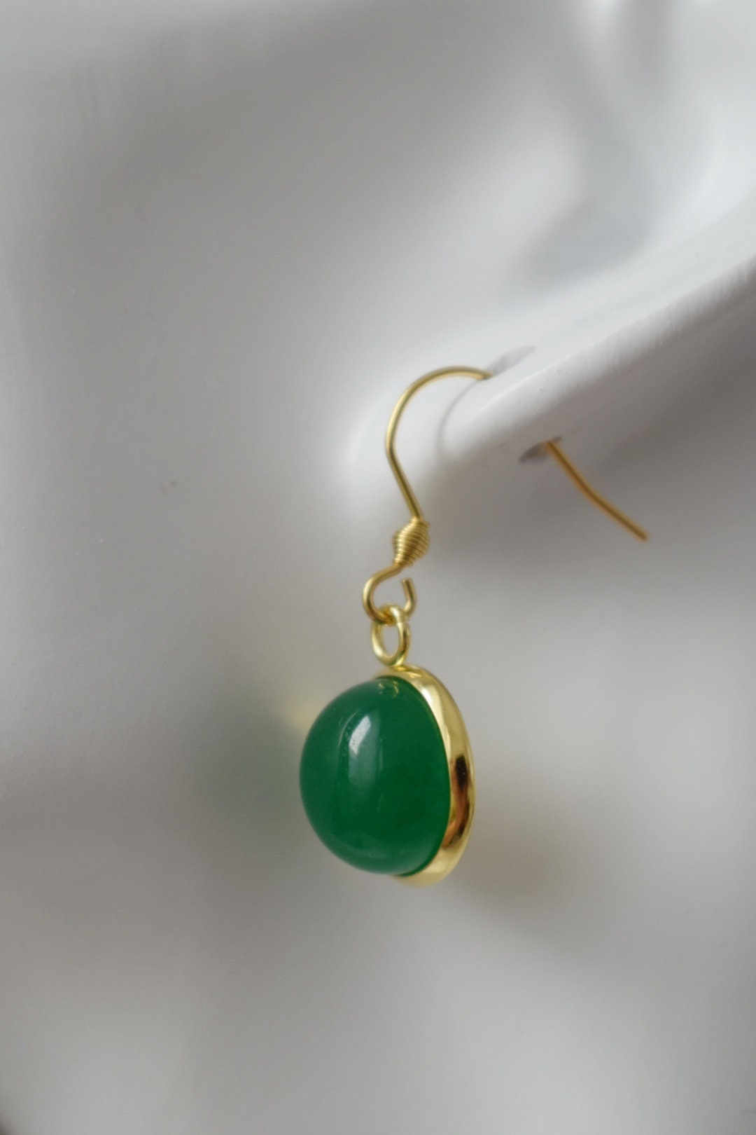 Jade Green Earrings, Gemstone round pendant earrings, 12mm stone dangle earrings, 18k Gold plated stainless steel jewelry, Best Gift for her