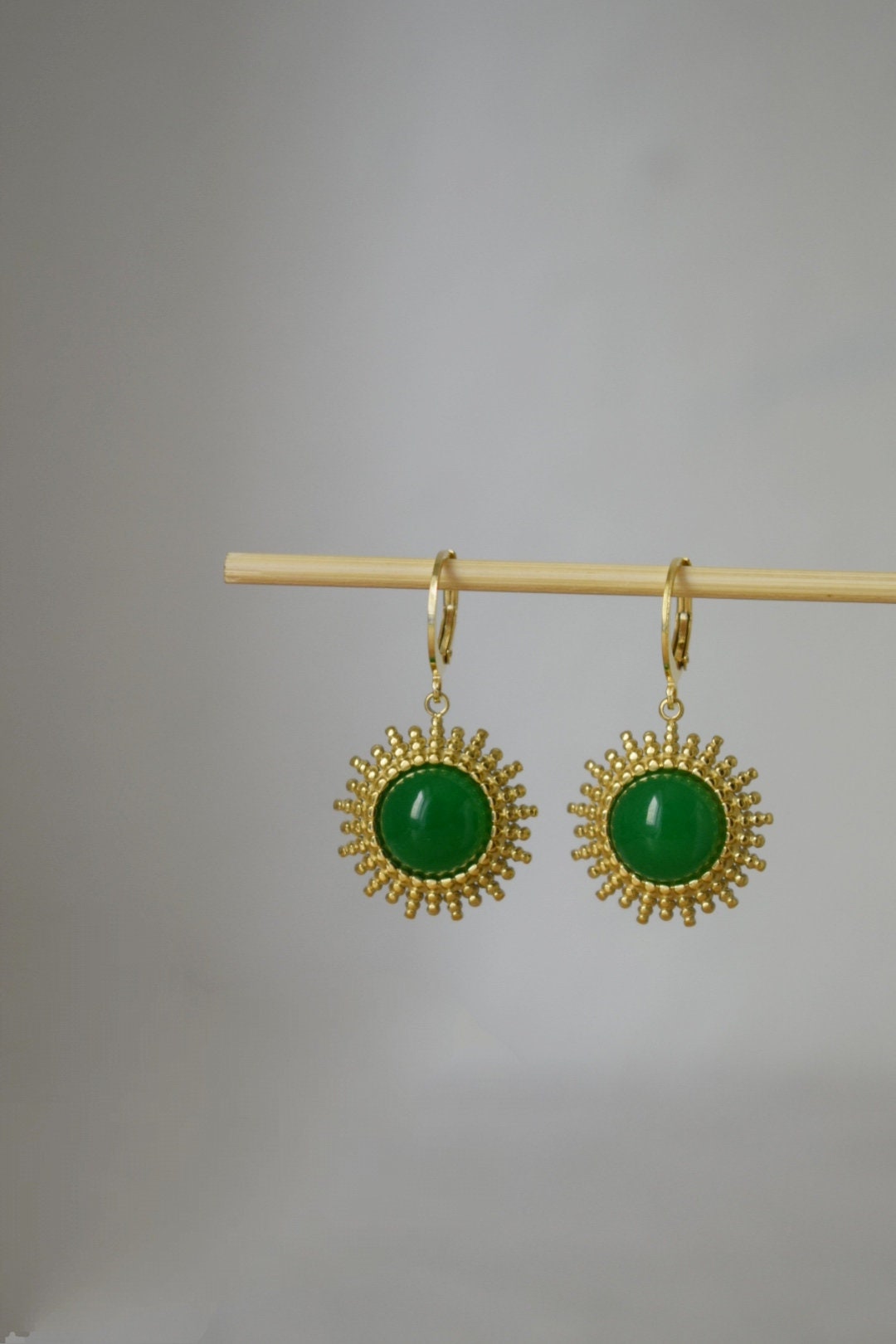Green jade earrings gold, Sun rays huggie earrings, Sunburst, Green gemstone drop earrings, Celestial, Natural stone, Jewelry gift for her