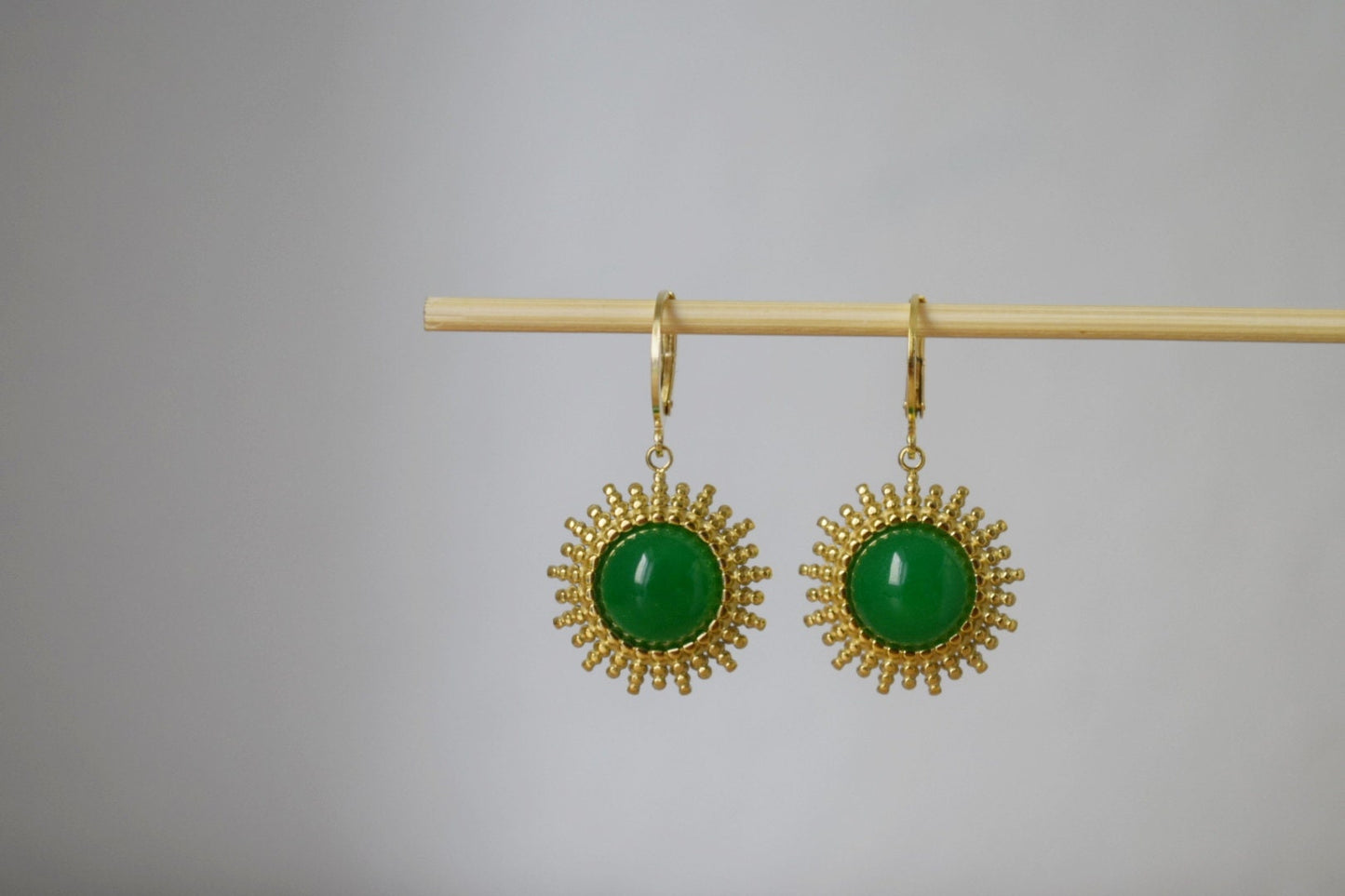 Green jade earrings gold, Sun rays huggie earrings, Sunburst, Green gemstone drop earrings, Celestial, Natural stone, Jewelry gift for her