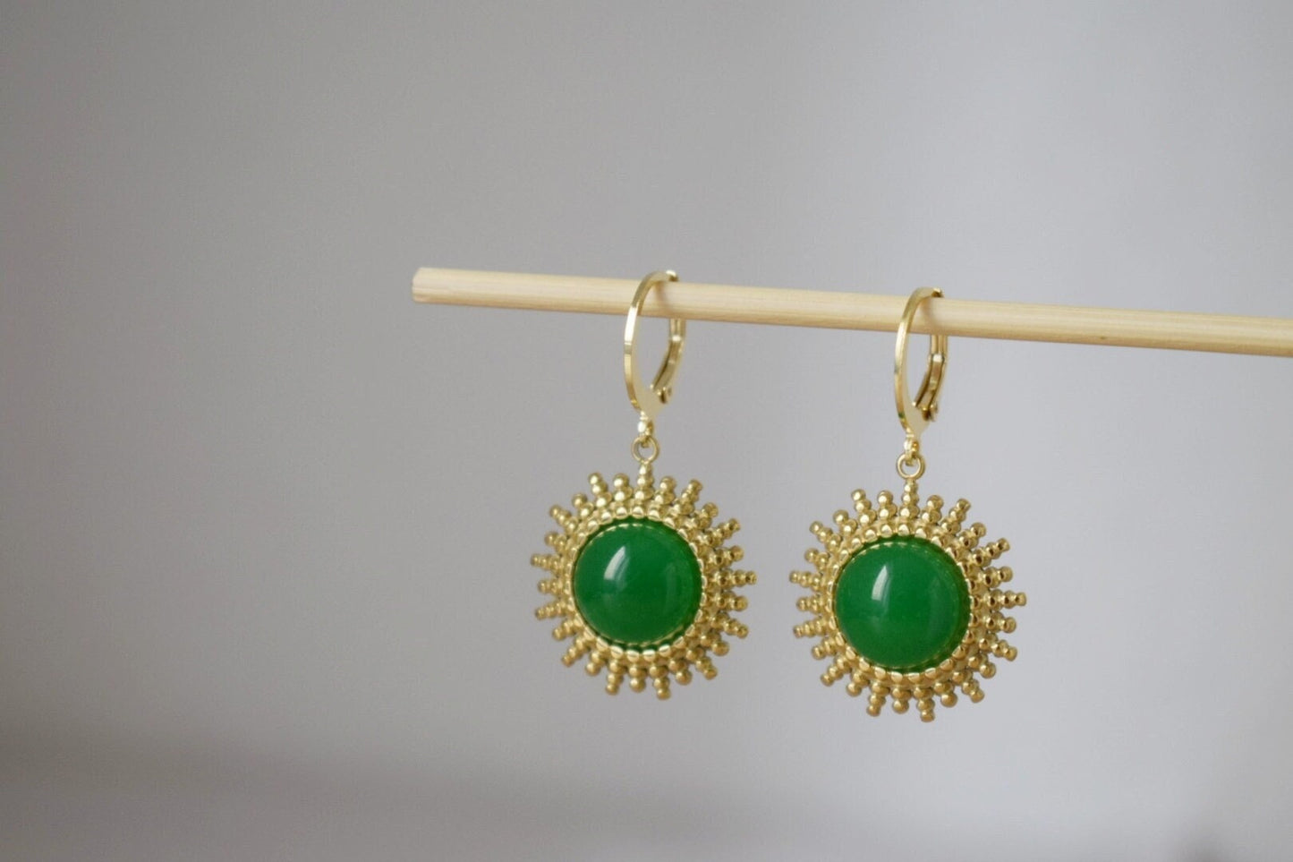 Green jade earrings gold, Sun rays huggie earrings, Sunburst, Green gemstone drop earrings, Celestial, Natural stone, Jewelry gift for her