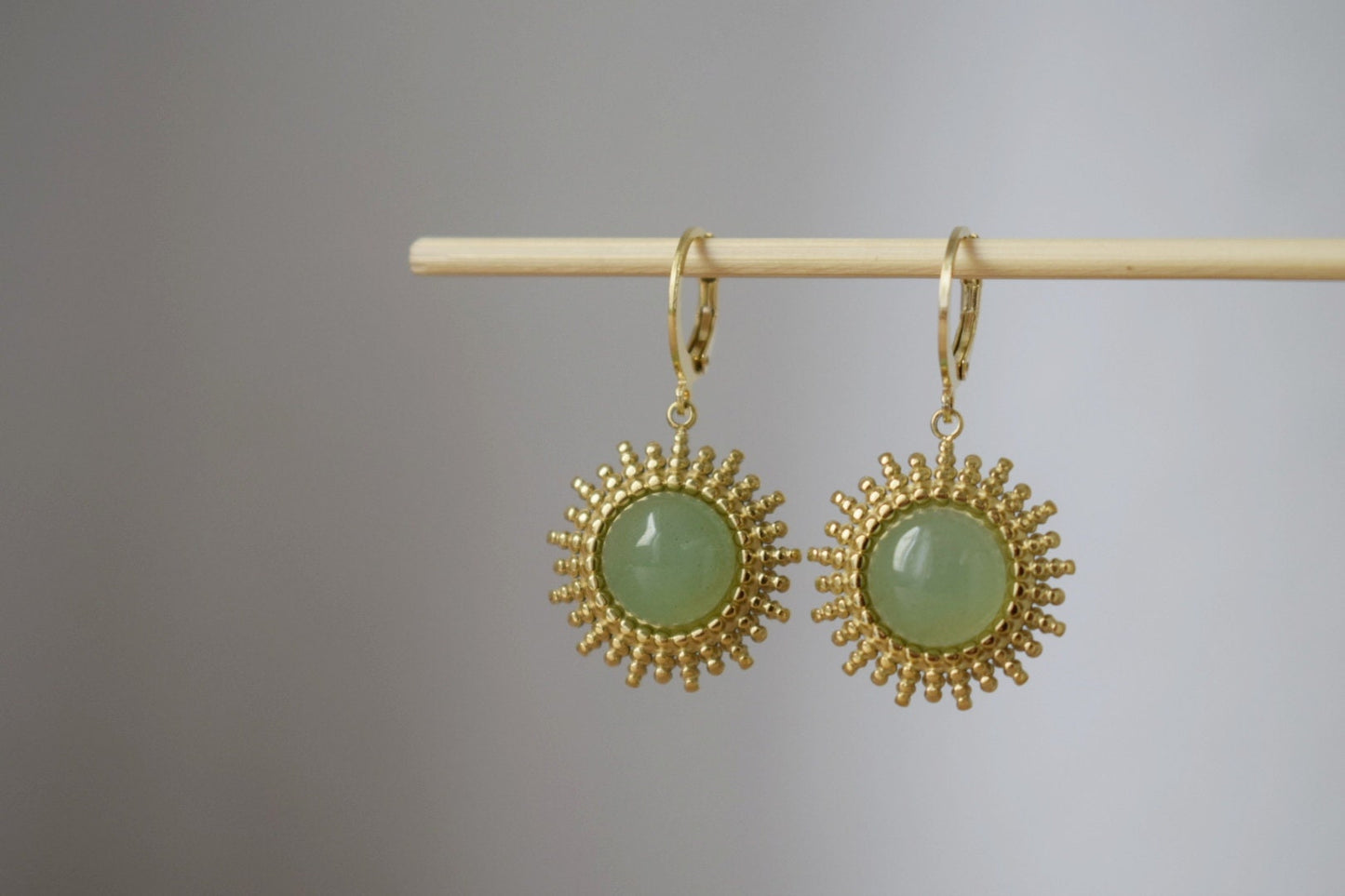 Aventurine earrings gold, Sun rays huggie earrings, Sunburst, Green gemstone drop earrings, Celestial, Aventurine jewelry, Gift for her