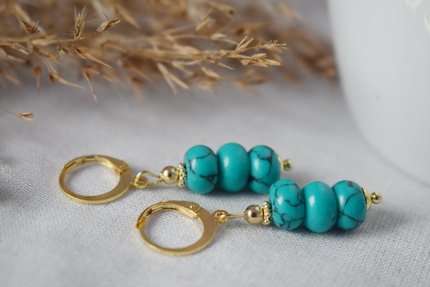Turquoise dangle earrings gold, Gemstone huggie earrings, Dainty bead earrings, Gold plated stainless steel, Handmade turquoise jewelry
