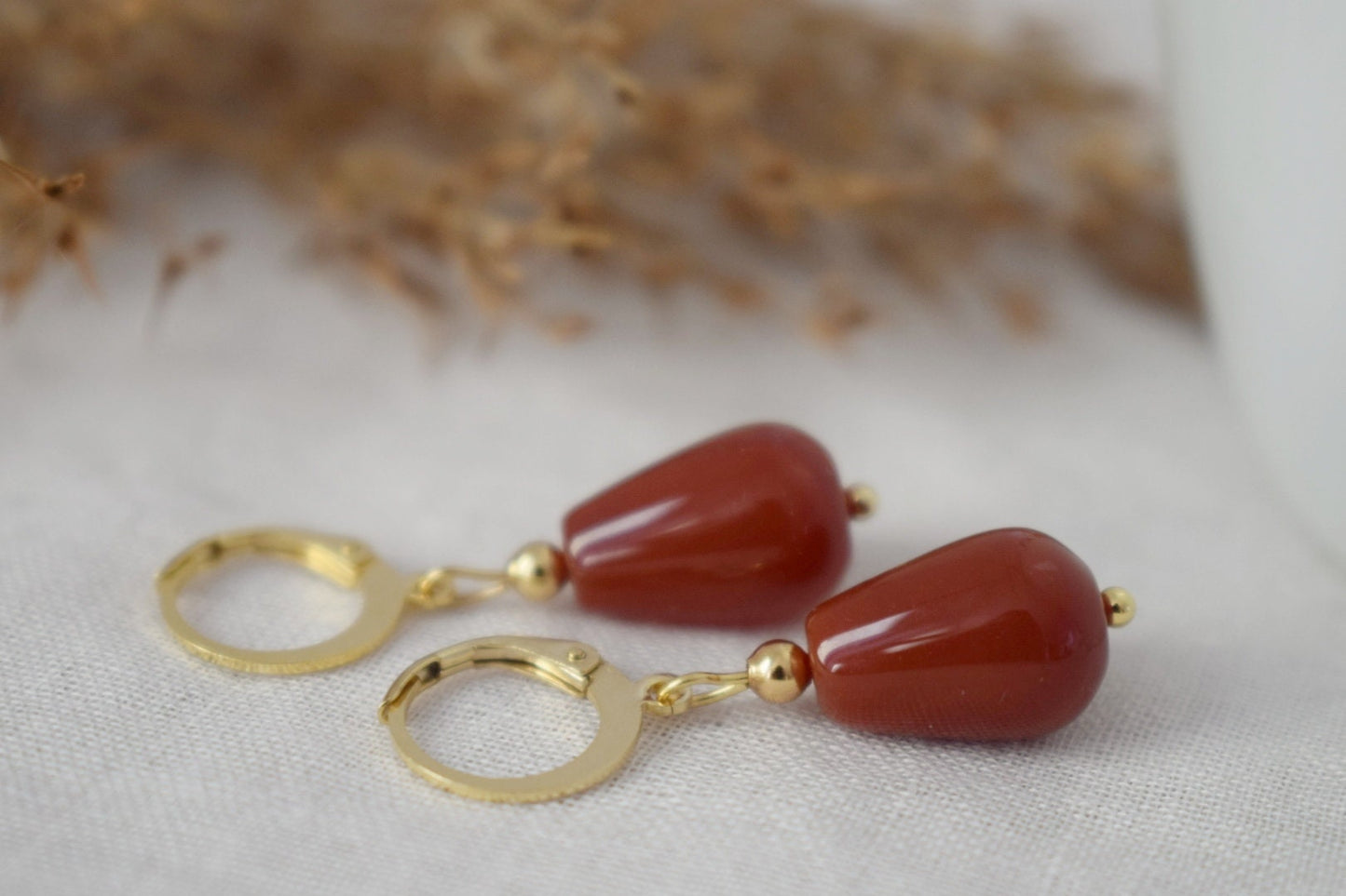 Carnelian teardrop hoop earrings, Natural carnelian huggies, Red gemstone drop earrings, Carnelian gold jewelry for women, Gift for her