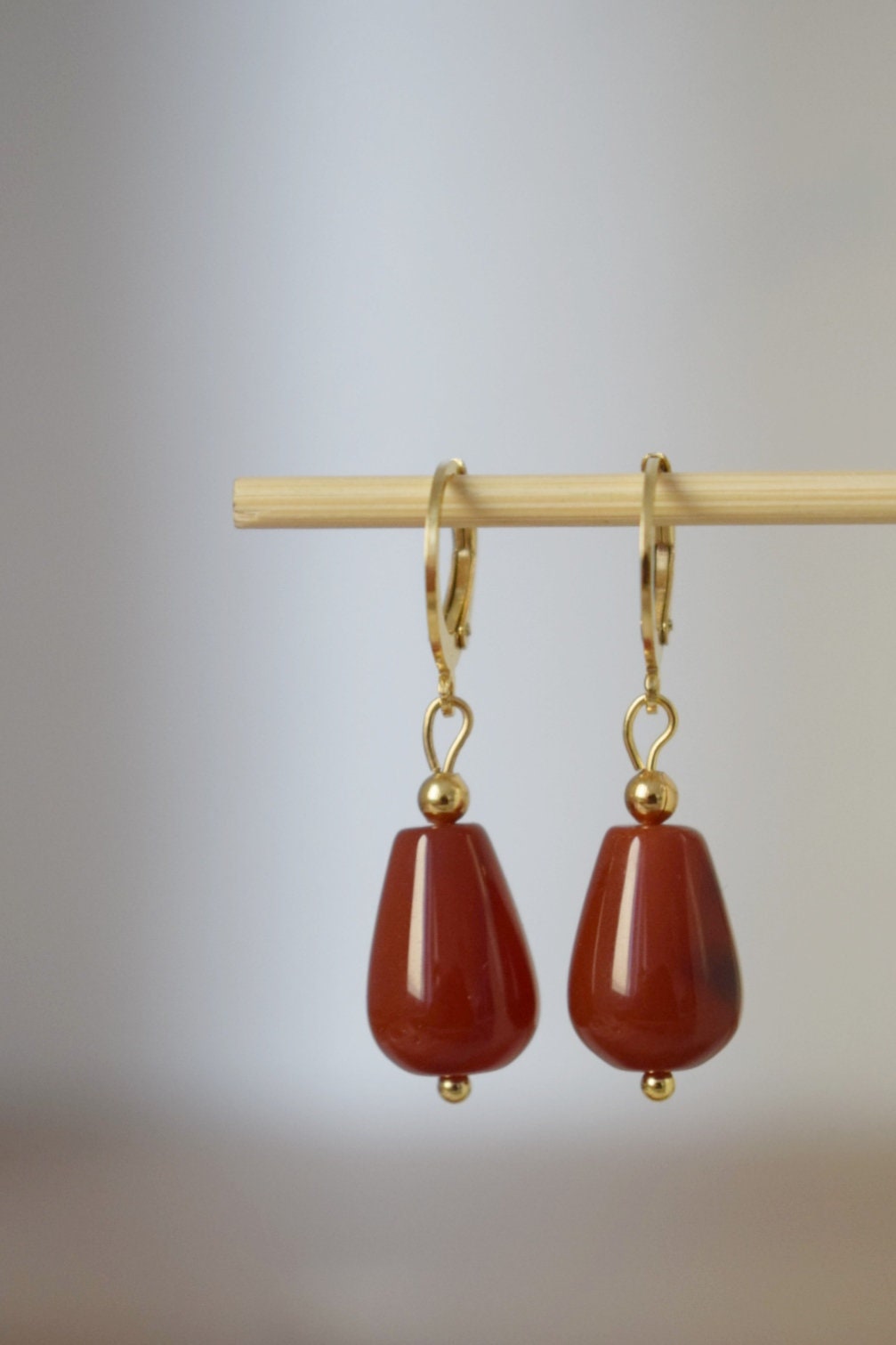 Carnelian teardrop hoop earrings, Natural carnelian huggies, Red gemstone drop earrings, Carnelian gold jewelry for women, Gift for her