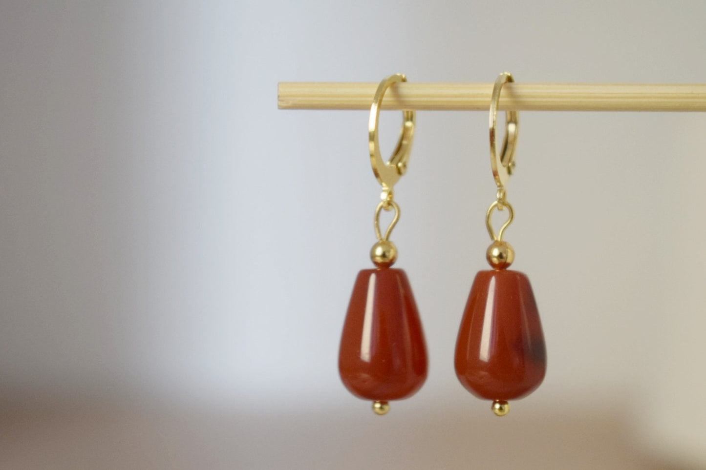 Carnelian teardrop hoop earrings, Natural carnelian huggies, Red gemstone drop earrings, Carnelian gold jewelry for women, Gift for her