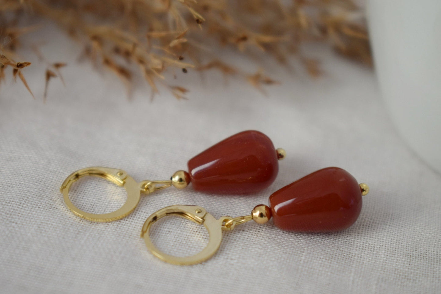 Carnelian teardrop hoop earrings, Natural carnelian huggies, Red gemstone drop earrings, Carnelian gold jewelry for women, Gift for her
