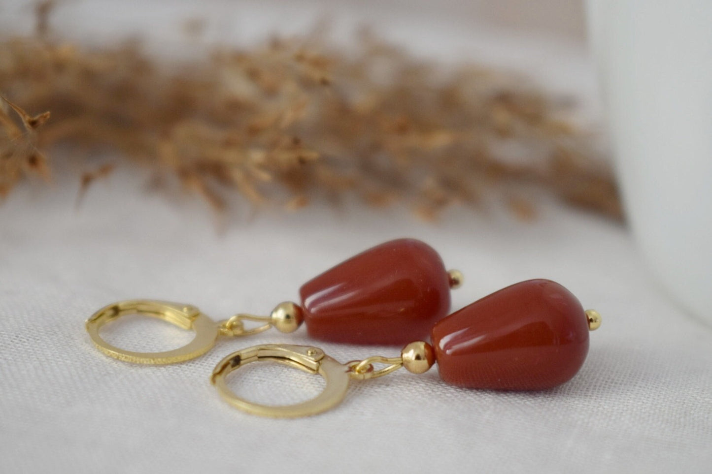 Carnelian teardrop hoop earrings, Natural carnelian huggies, Red gemstone drop earrings, Carnelian gold jewelry for women, Gift for her