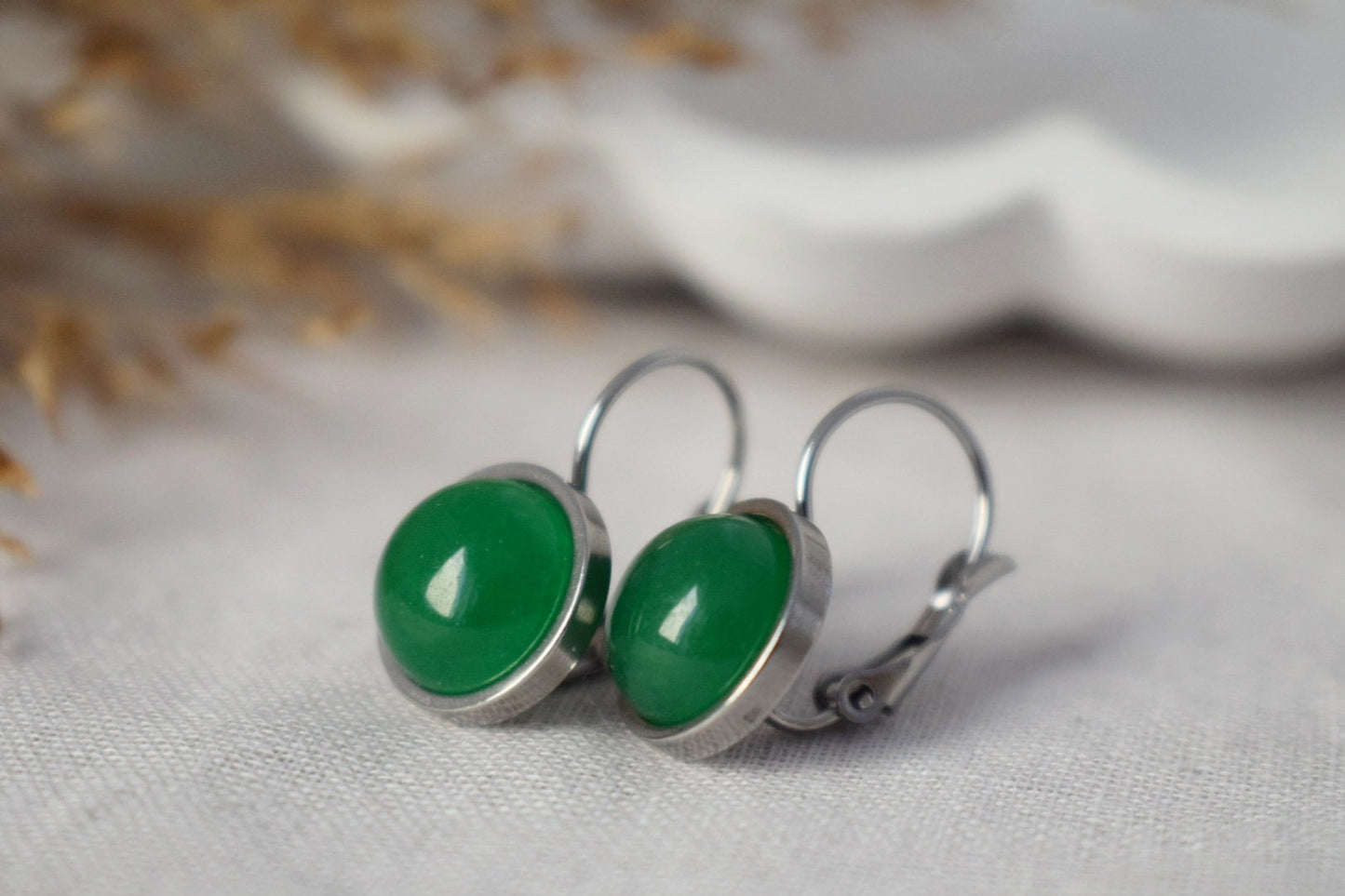 Green Jade Earrings, Small Gemstone Earrings, Positive Jewelry, 10mm, Green Dangle Drop Earrings, Leverback Earrings, Gifts For Women