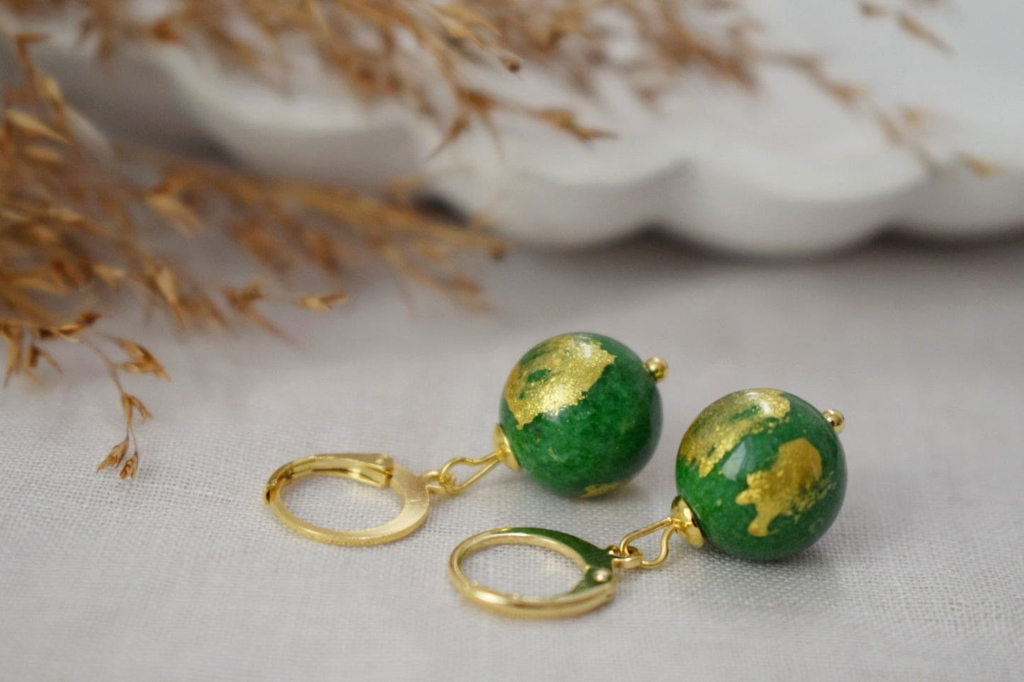 Green jade earrings, Jade bead earrings, Gemstone huggies, Green jade bead with gold foil, Pearl hanging earrings, Leverback, Gift for her