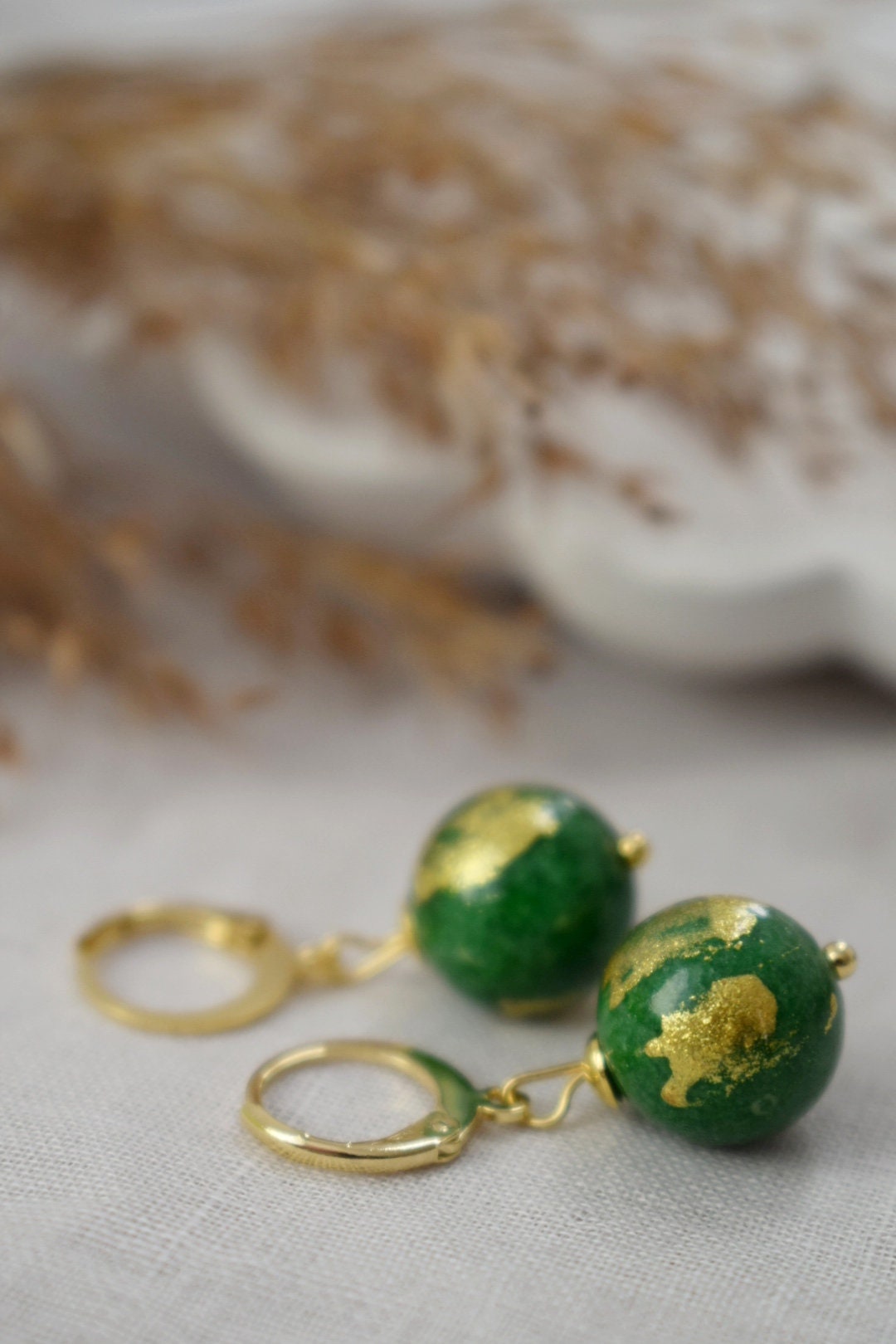 Green jade earrings, Jade bead earrings, Gemstone huggies, Green jade bead with gold foil, Pearl hanging earrings, Leverback, Gift for her