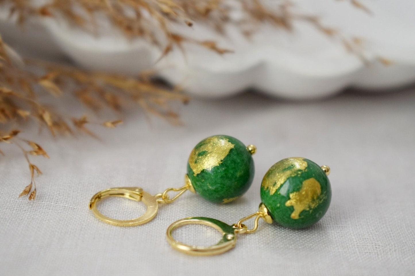 Green jade earrings, Jade bead earrings, Gemstone huggies, Green jade bead with gold foil, Pearl hanging earrings, Leverback, Gift for her