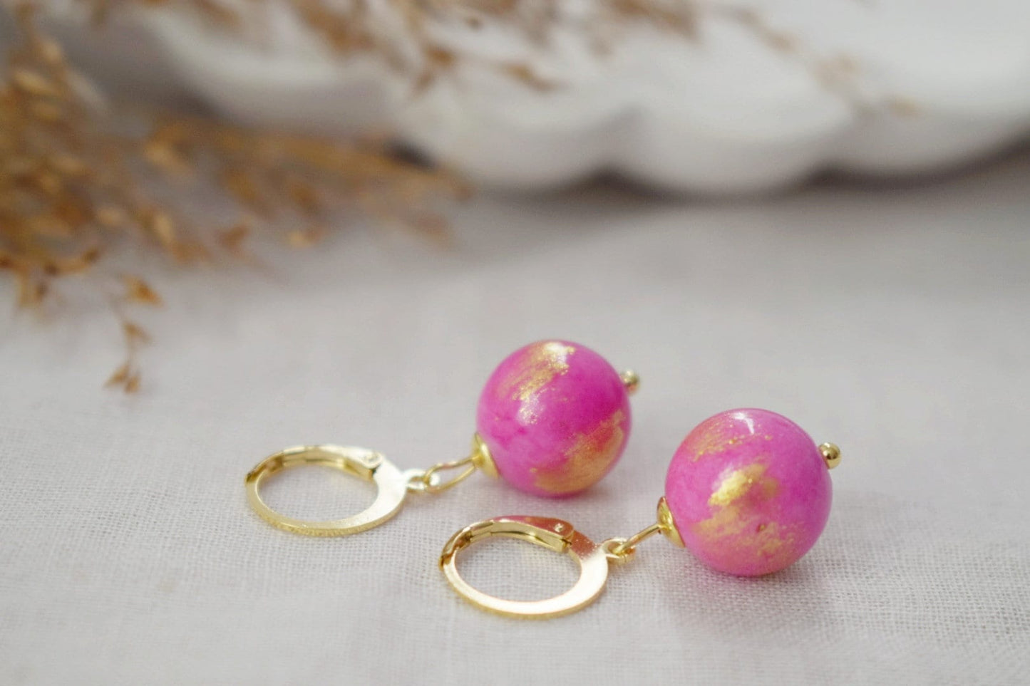 Fuchsia pink jade earrings, Gemstone bead huggie hoop earrings, Pearl hanging earrings, Unique jewelry, Valentine's day gift for her
