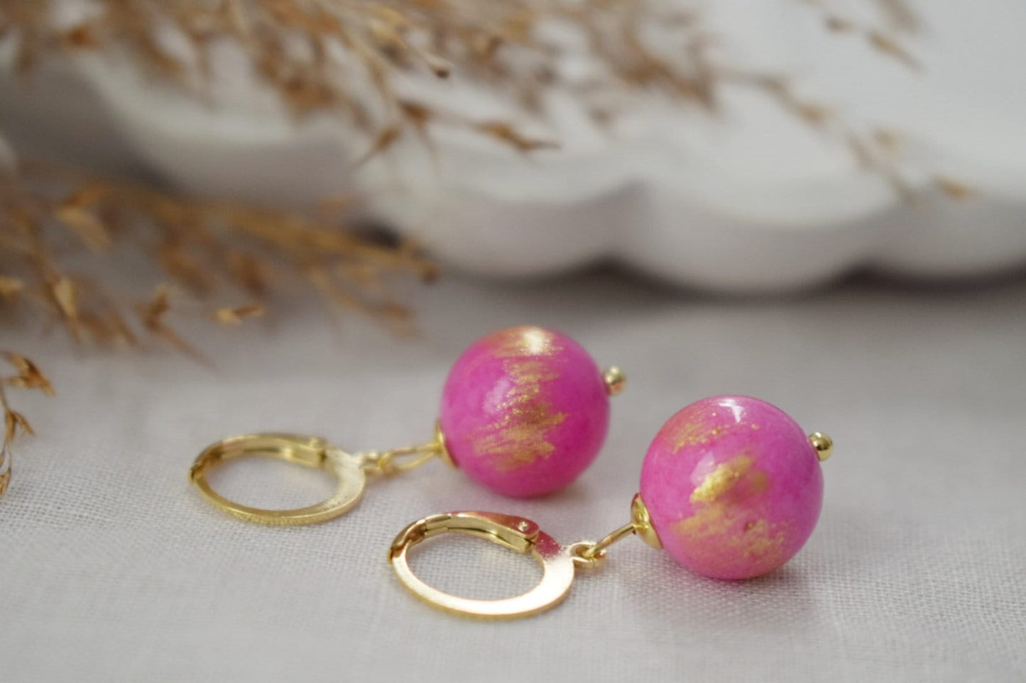 Fuchsia pink jade earrings, Gemstone bead huggie hoop earrings, Pearl hanging earrings, Unique jewelry, Valentine's day gift for her