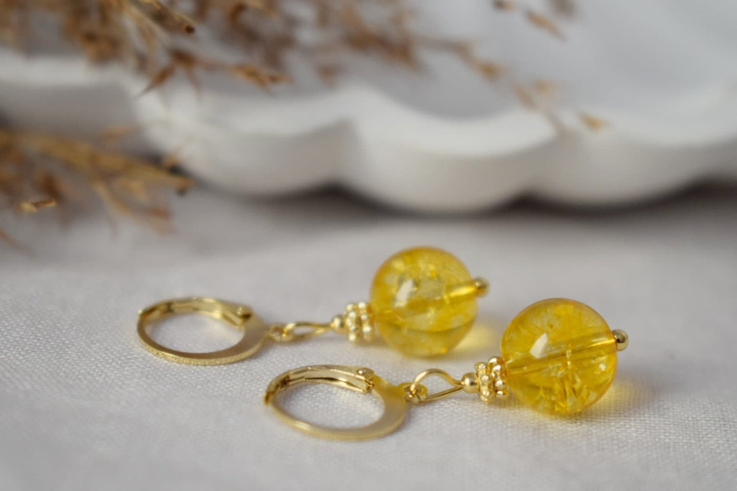 Citrine bead earrings, Gemstone gold huggie hoop earrings, Yellow pearl earrings, November birthstone earrings, Citrine jewelry, Gift her