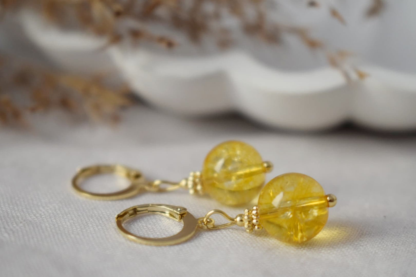 Citrine bead earrings, Gemstone gold huggie hoop earrings, Yellow pearl earrings, November birthstone earrings, Citrine jewelry, Gift her