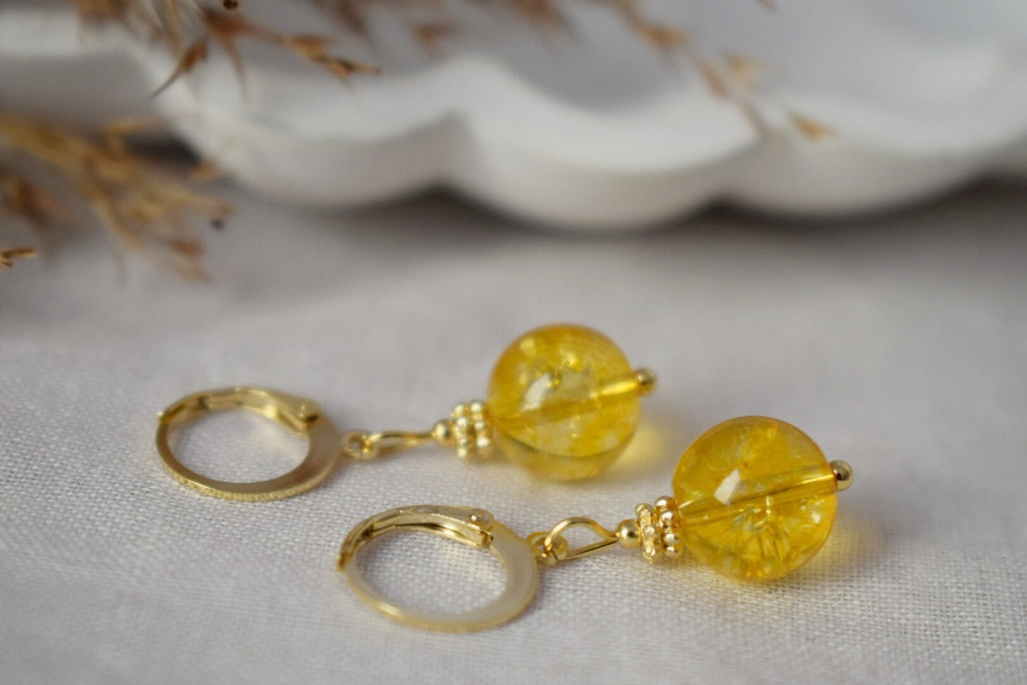 Citrine bead earrings, Gemstone gold huggie hoop earrings, Yellow pearl earrings, November birthstone earrings, Citrine jewelry, Gift her