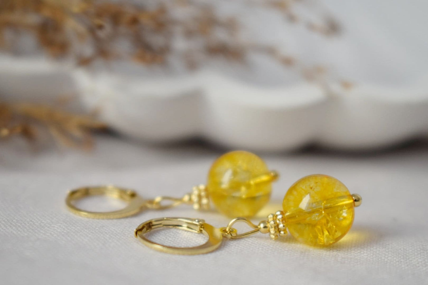 Citrine bead earrings, Gemstone gold huggie hoop earrings, Yellow pearl earrings, November birthstone earrings, Citrine jewelry, Gift her