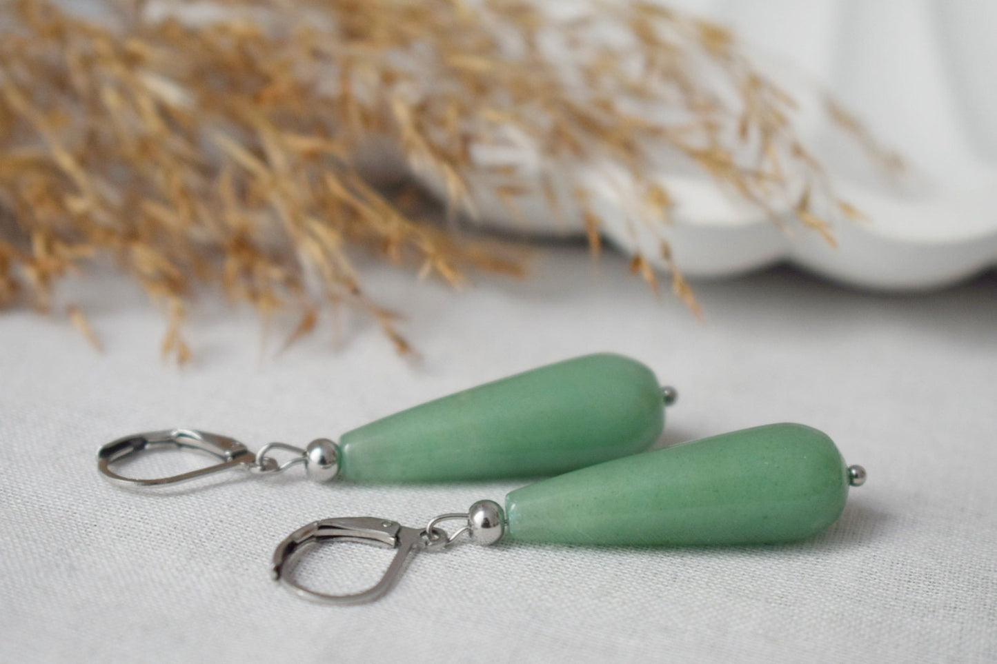 Long teardrop aventurine dangle earrings, Green silver gemstone drop hoops, Natural aventurine jewelry giftBest christmas gift