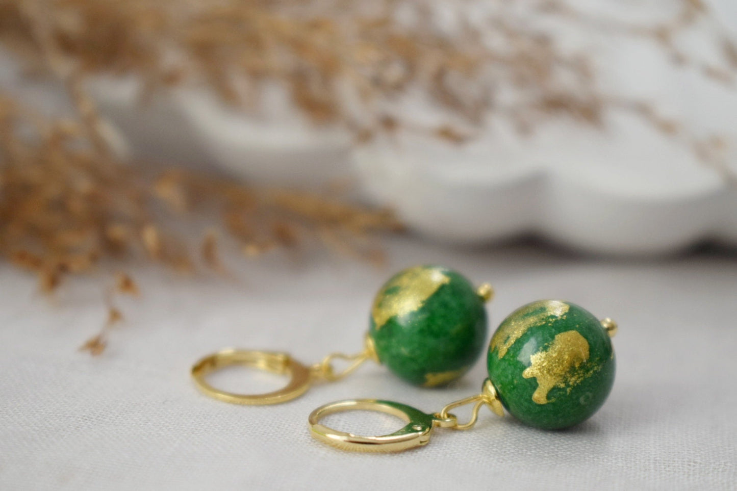 Green jade earrings, Jade bead earrings, Gemstone huggies, Green jade bead with gold foil, Pearl hanging earrings, Leverback, Gift for her