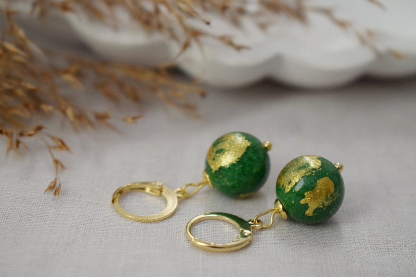 Green jade earrings, Jade bead earrings, Gemstone huggies, Green jade bead with gold foil, Pearl hanging earrings, Leverback, Gift for her