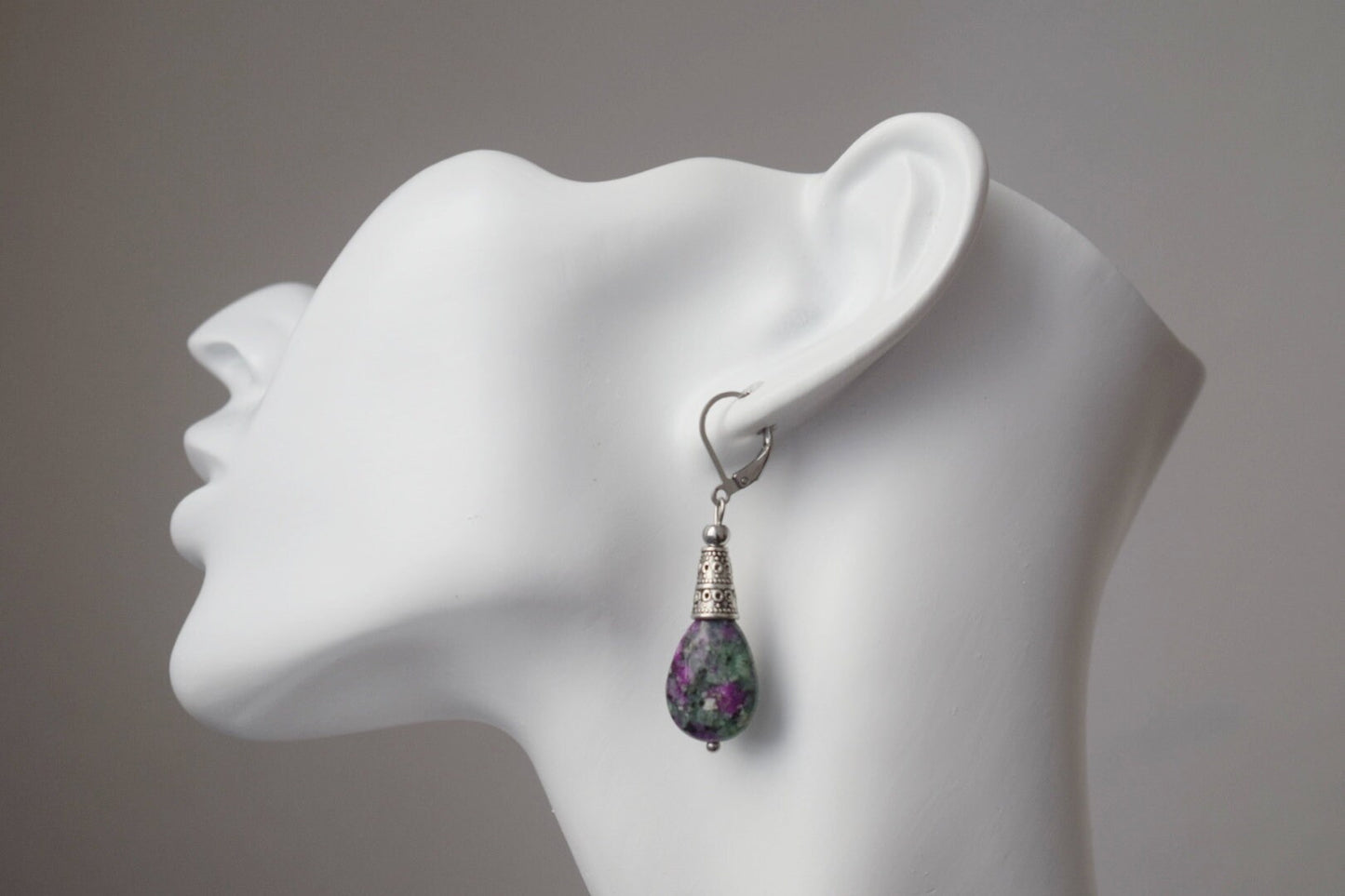 Ruby In Zoisite hoop earrings, Teardrop beaded huggies, Dangle gemstone stainless steel earrings, Green, Pink, Silver, Ruby fuchsite jewelry