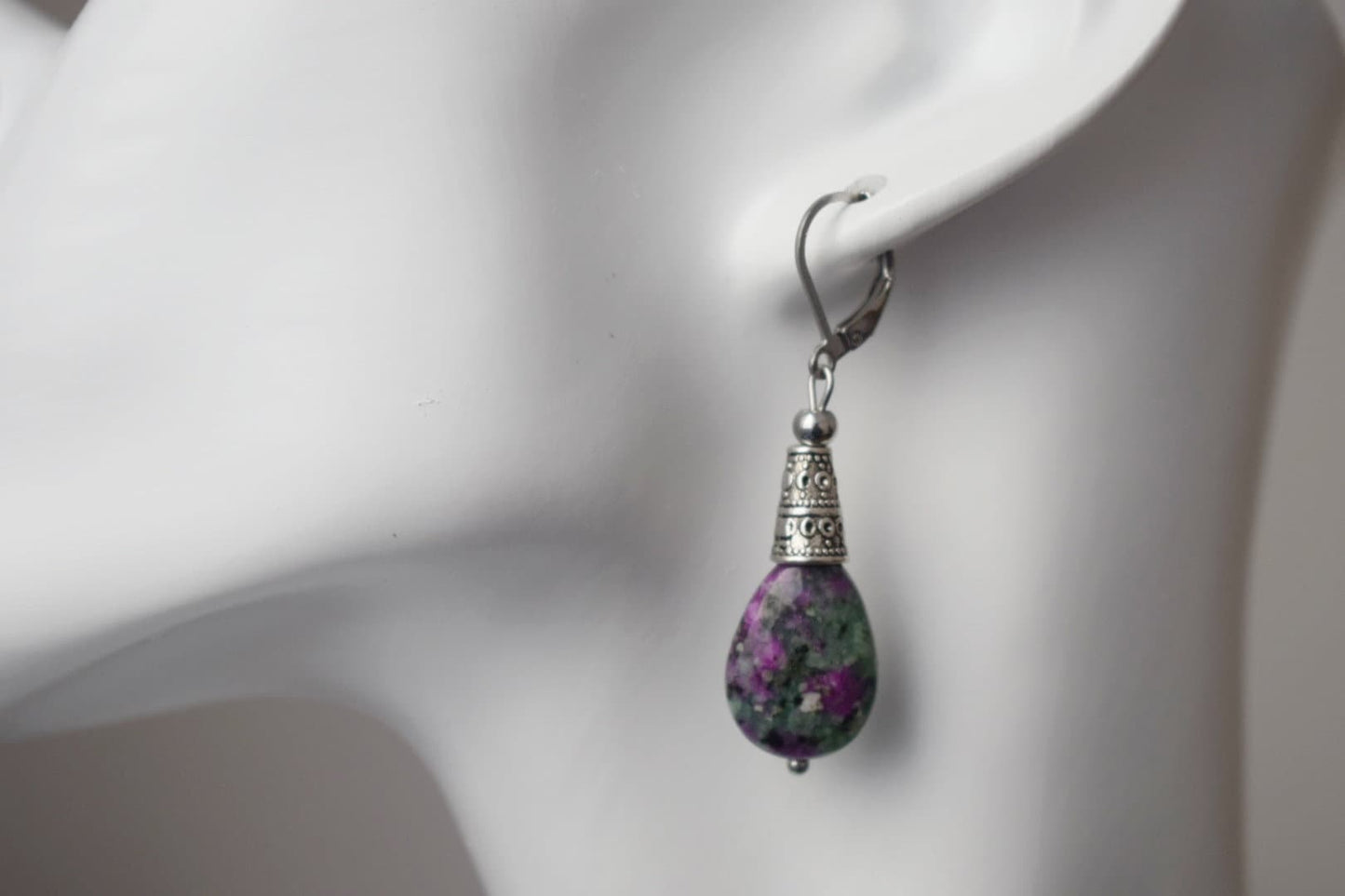 Ruby In Zoisite hoop earrings, Teardrop beaded huggies, Dangle gemstone stainless steel earrings, Green, Pink, Silver, Ruby fuchsite jewelry