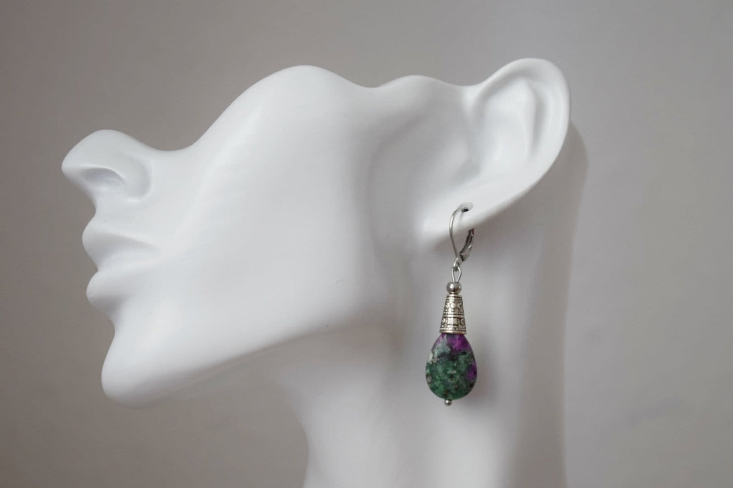Ruby In Zoisite hoop earrings, Teardrop beaded huggies, Dangle gemstone stainless steel earrings, Green, Pink, Silver, Ruby fuchsite jewelry