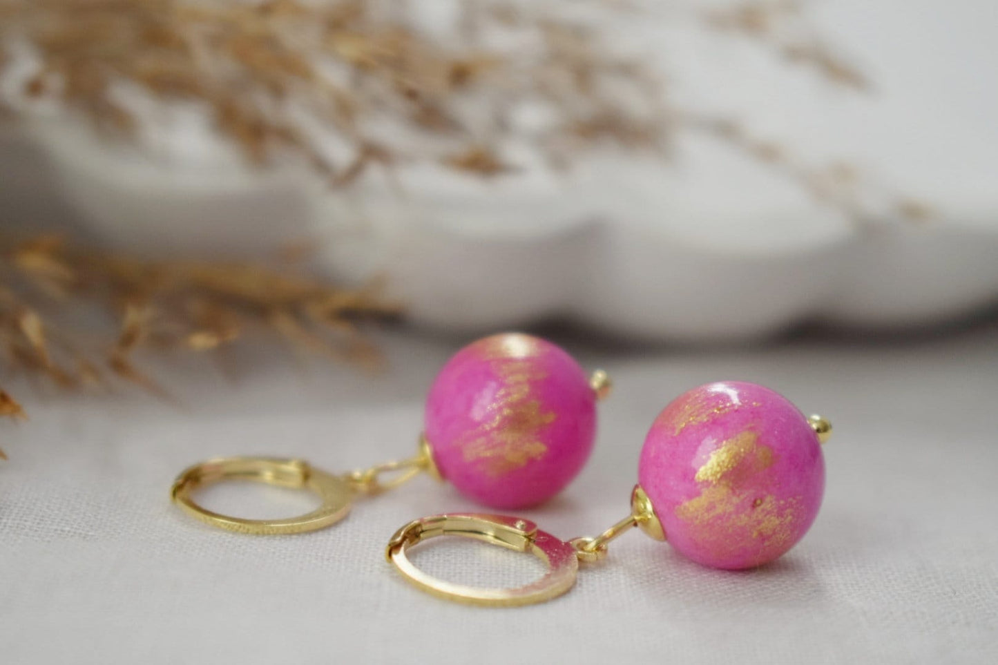 Fuchsia pink jade earrings, Gemstone bead huggie hoop earrings, Pearl hanging earrings, Unique jewelry, Valentine's day gift for her