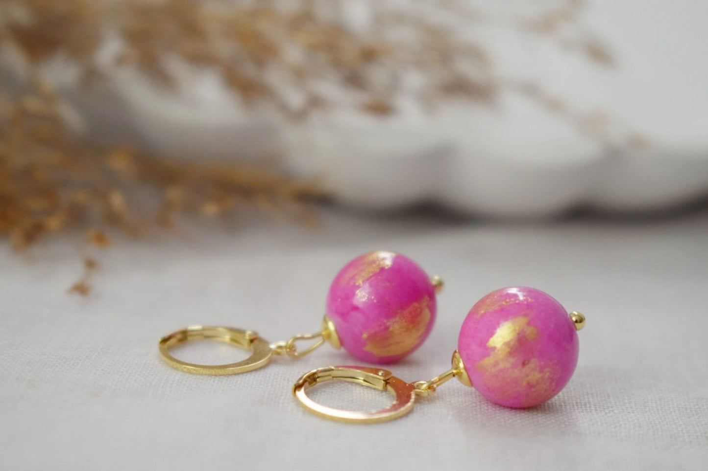 Fuchsia pink jade earrings, Gemstone bead huggie hoop earrings, Pearl hanging earrings, Unique jewelry, Valentine's day gift for her