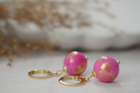 Fuchsia pink jade earrings, Gemstone bead huggie hoop earrings, Pearl hanging earrings, Unique jewelry, Valentine's day gift for her