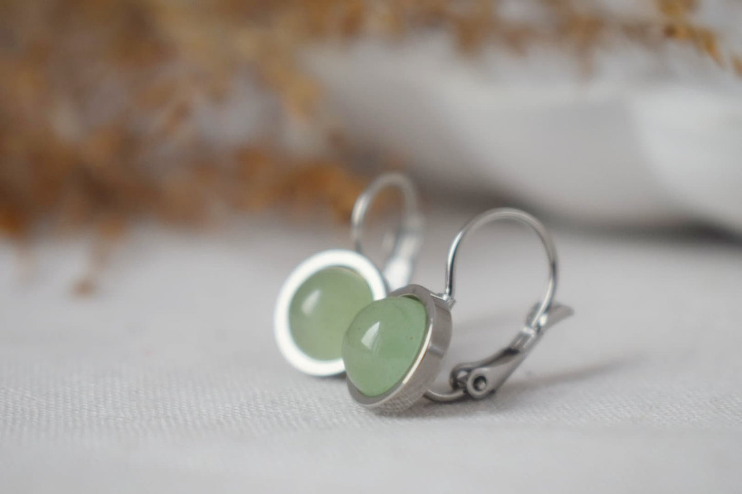 Aventurine dangle earrings, Small light green round gemstone, 8mm natural stone, Chakra, Birthstone jewelry gift
