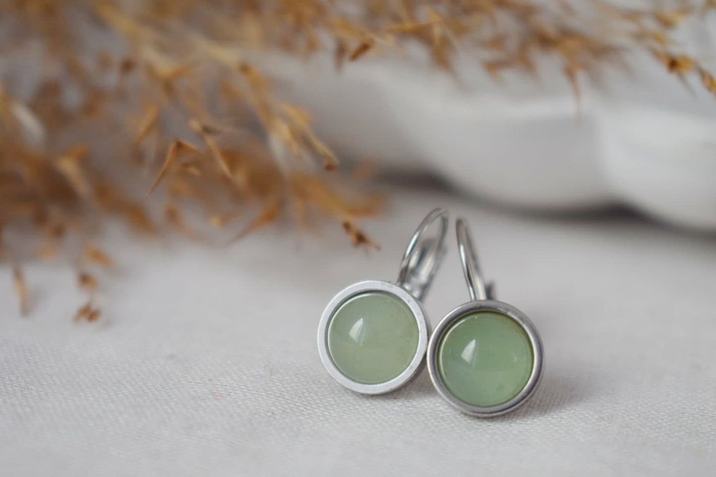 Aventurine dangle earrings, Small light green round gemstone, 8mm natural stone, Chakra, Birthstone jewelry gift