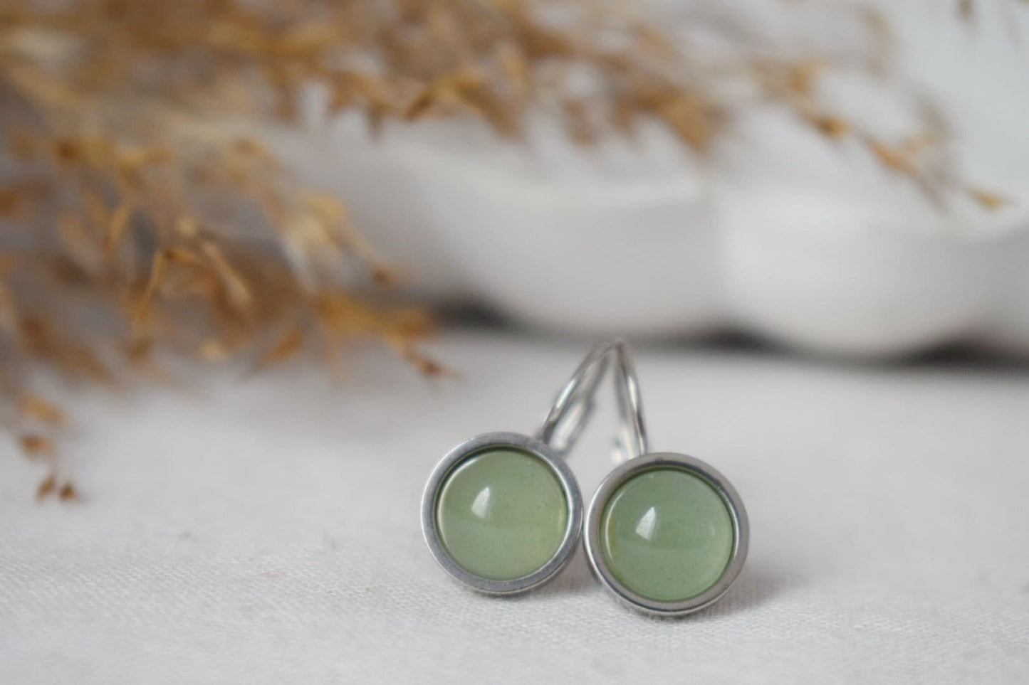 Aventurine dangle earrings, Small light green round gemstone, 8mm natural stone, Chakra, Birthstone jewelry gift