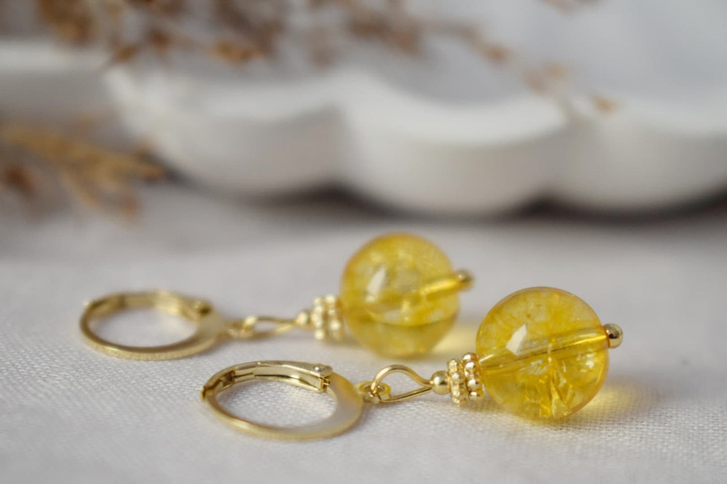 Citrine bead earrings, Gemstone gold huggie hoop earrings, Yellow pearl earrings, November birthstone earrings, Citrine jewelry, Gift her