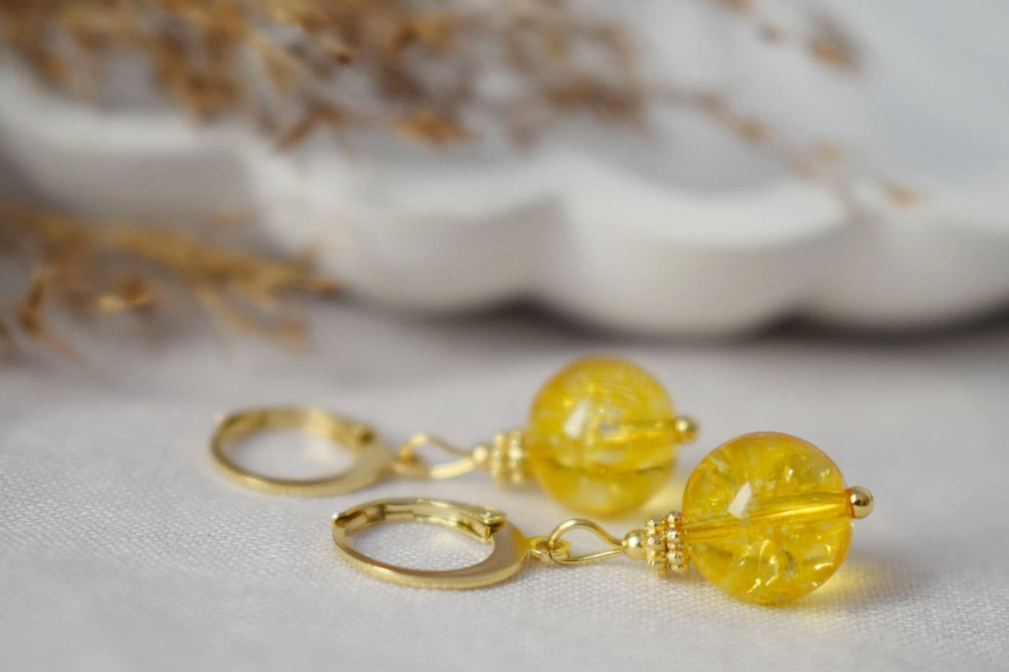 Citrine bead earrings, Gemstone gold huggie hoop earrings, Yellow pearl earrings, November birthstone earrings, Citrine jewelry, Gift her