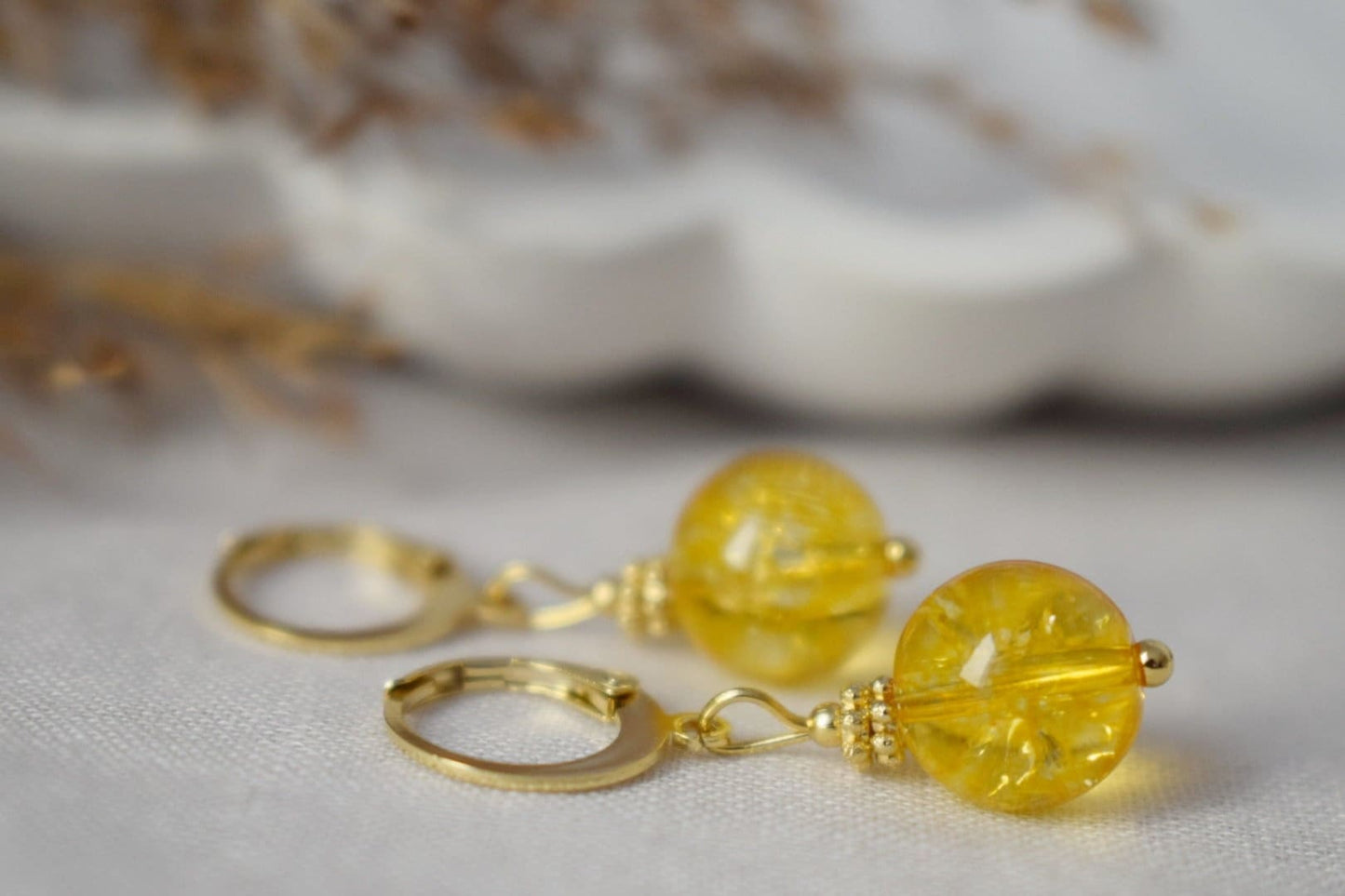 Citrine bead earrings, Gemstone gold huggie hoop earrings, Yellow pearl earrings, November birthstone earrings, Citrine jewelry, Gift her