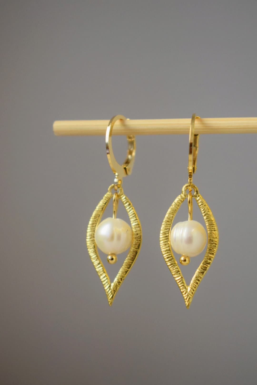 Leaf Earrings With Pearl, Gold Plated Huggies With Leaf Pendant, Dangle And Drop Earrings, Bridal Wedding Pearl Jewelry