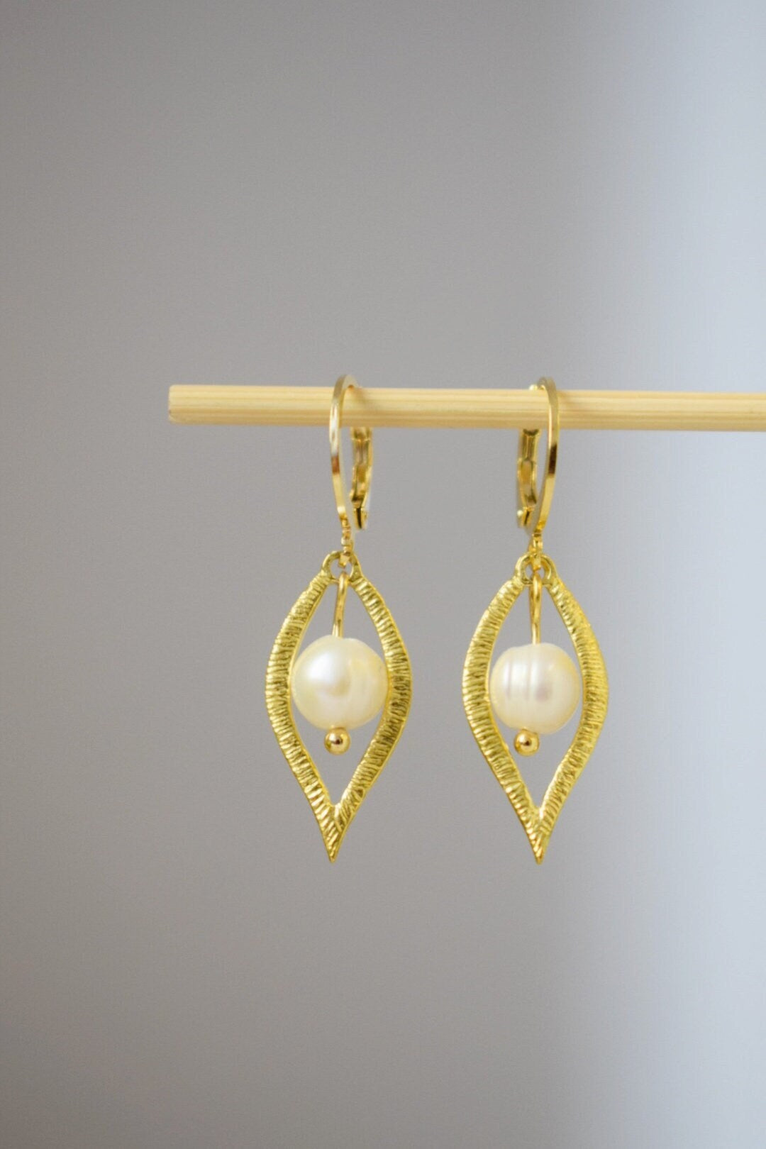 Leaf Earrings With Pearl, Gold Plated Huggies With Leaf Pendant, Dangle And Drop Earrings, Bridal Wedding Pearl Jewelry